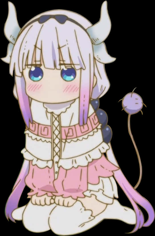 Kanna Kamui 動漫角色 壁紙 — 一個有白色角和毛茸茸尾巴的Q版動漫女孩，在黑色背景前穿著粉紅色和白色的荷葉邊服裝。