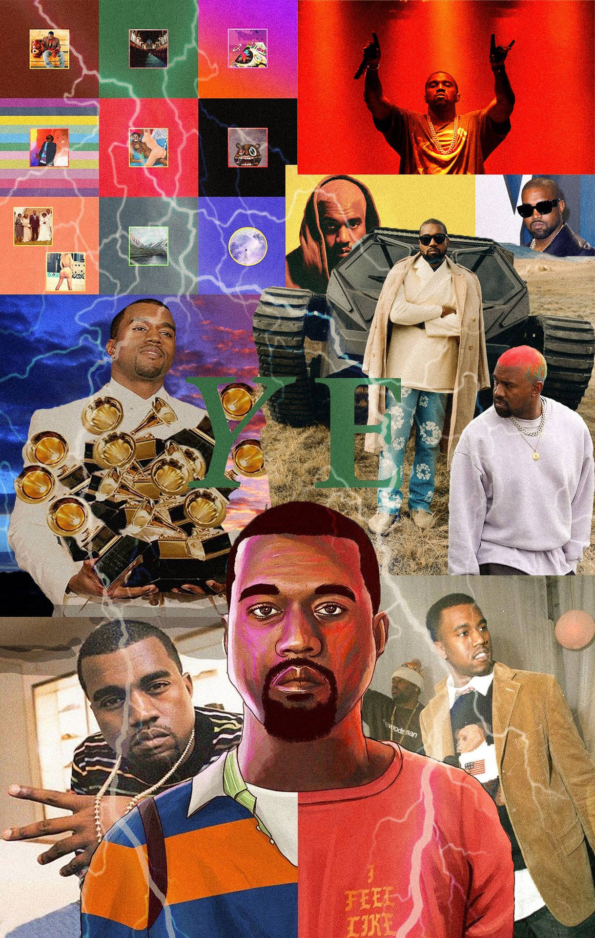 Kanye West不同服裝和姿勢的拼貼畫，帶有色彩繽紛的閃電效果。