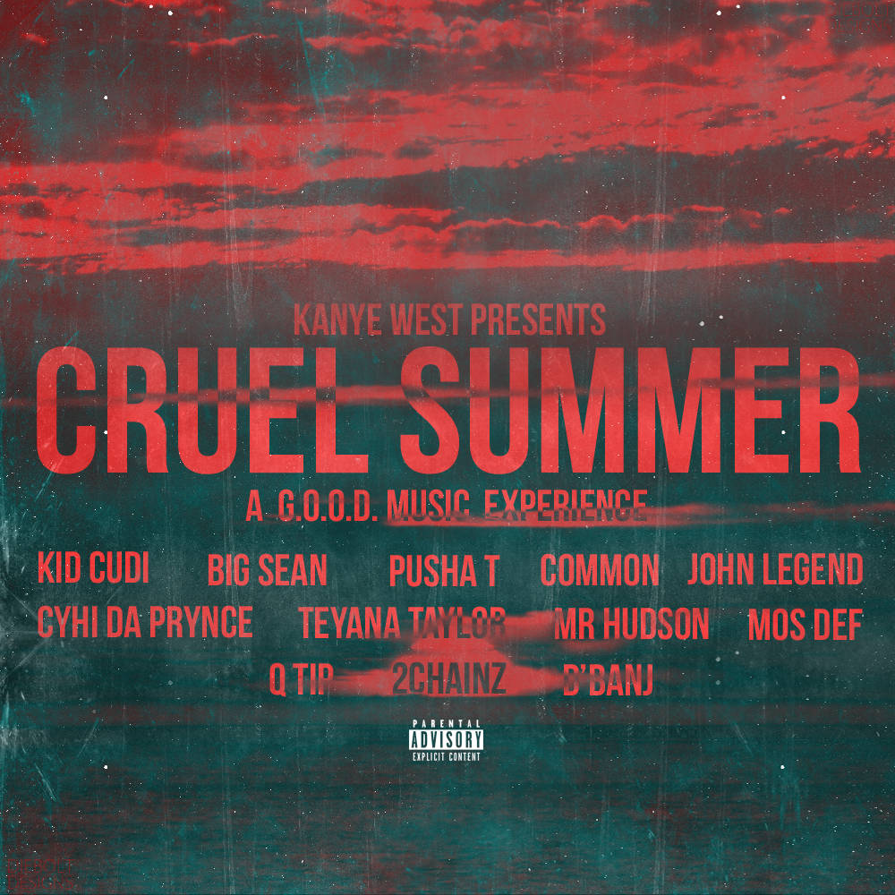 「Cruel Summer」專輯封面，在風暴般的天空背景上有紅色文字和藝術家名字。