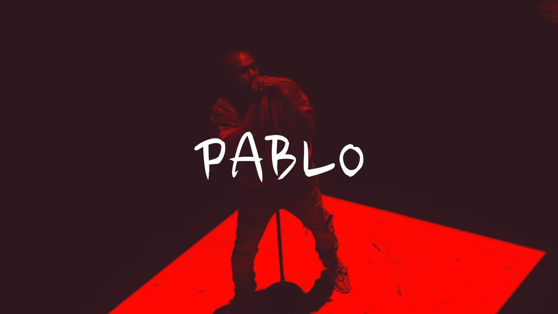 Kanye West Pablo海報 壁紙 — 一個人站在紅色舞台的聚光燈下，背景深色，白色文字顯示PABLO。