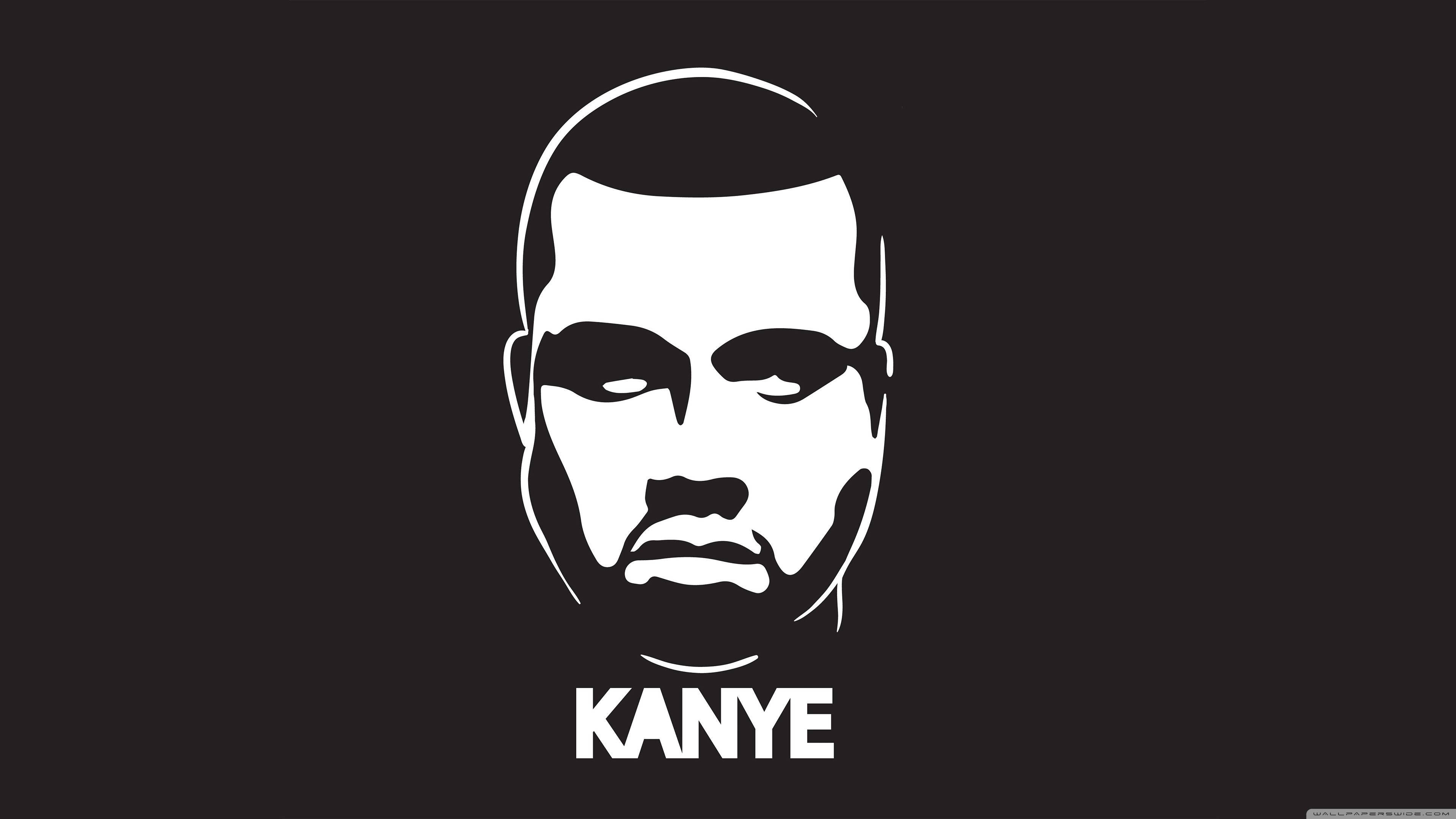 Kanye West極簡標誌 壁紙 — Kanye West 臉部的大膽白色極簡輪廓，置於純黑背景上，下方有其名字。