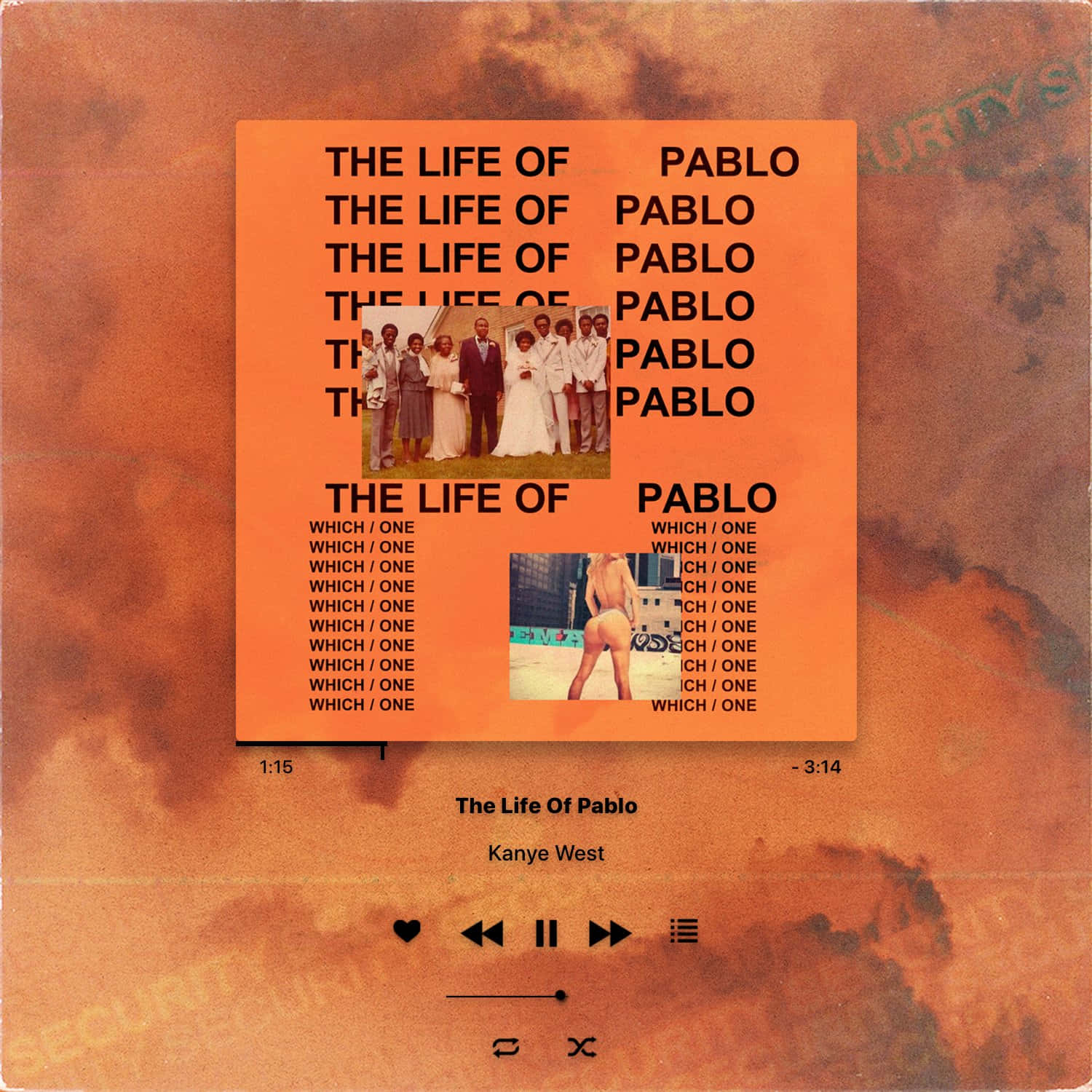 Kanye West 發行備受好評第七張專輯《The Life of Pablo》 壁紙 — Kanye West 的《The Life of Pablo》專輯藝術展示在復古橙色黑膠唱片封套上，帶有重複文字和兩張照片。