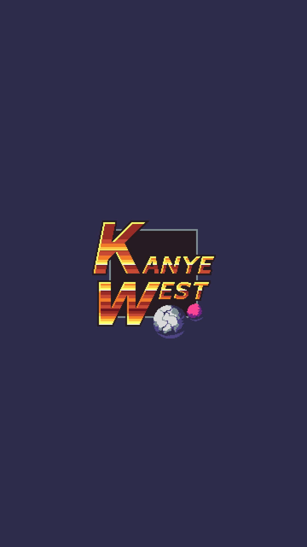 Kanye 桌布 壁紙 — Kanye West 的像素藝術標誌，帶有橙色漸變字母和深藍色背景上的裂開地球儀。