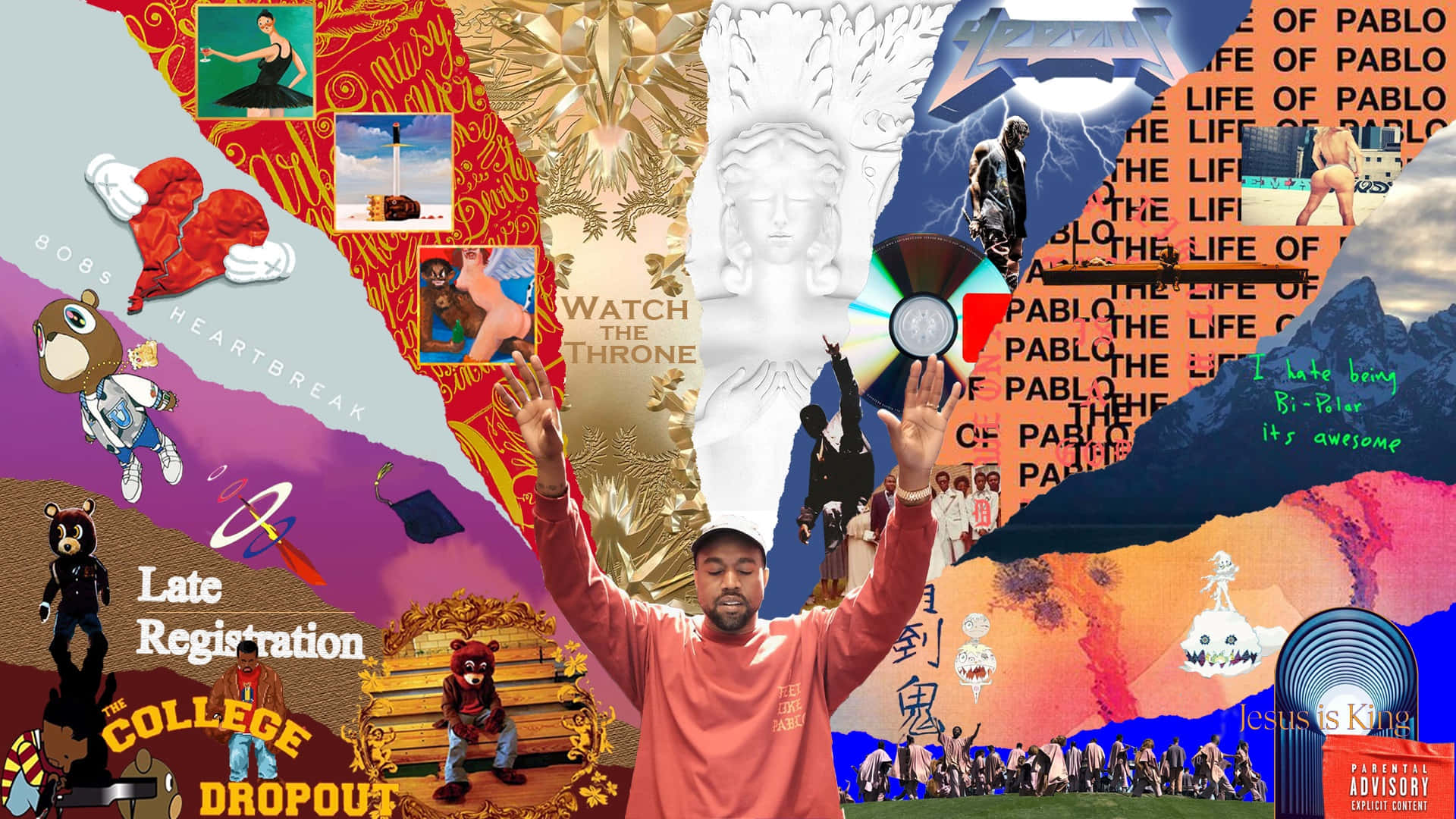 Kanye 桌布 壁紙 — Kanye West 的專輯封面和標誌性圖像的充滿活力的拼貼畫，以動態、碎片化的構圖排列。