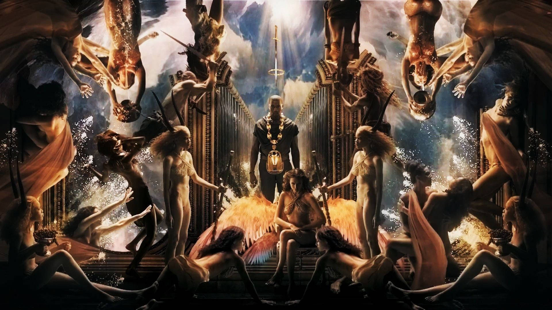 Kanye West 被天使環繞 壁紙 — 一個戲劇性的神聖場景，中央有一個穿甲的人物，周圍環繞著裸體人物，在超現實的天堂環境中。