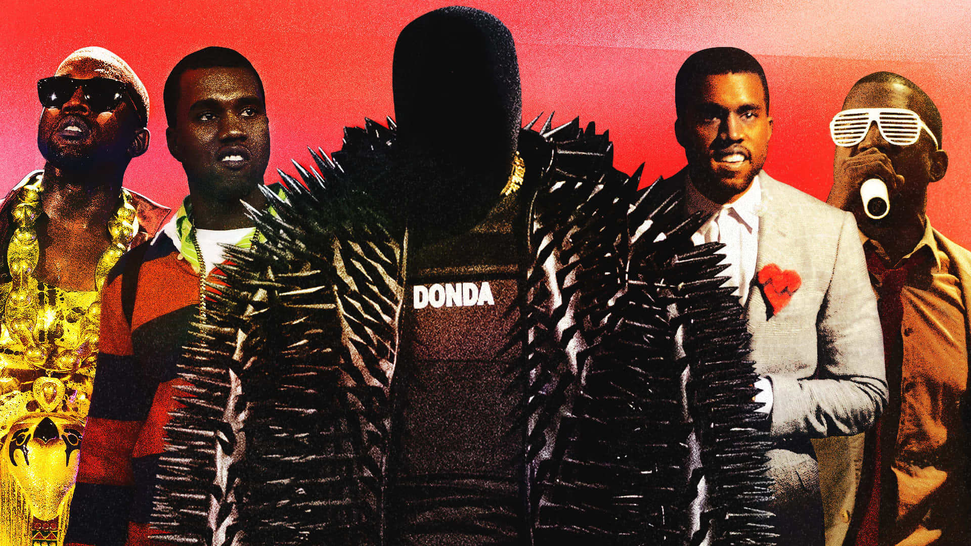 Kanye 桌布 壁紙 — Kanye West 身穿帶有尖刺的黑色外套，背面印有「DONDA」，站在舞台中央，被五個自己的版本包圍，背景為大膽的紅色。