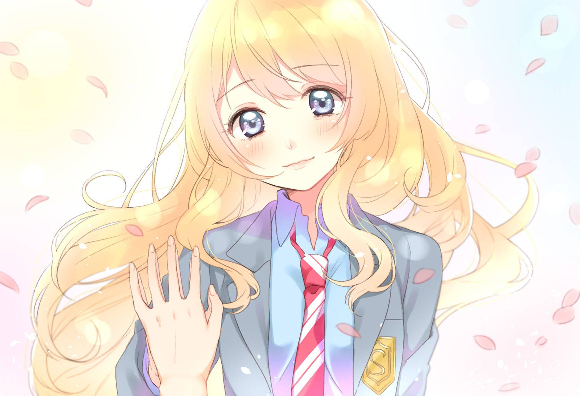 動漫女孩穿著校服，櫻花飄落，她揮手。