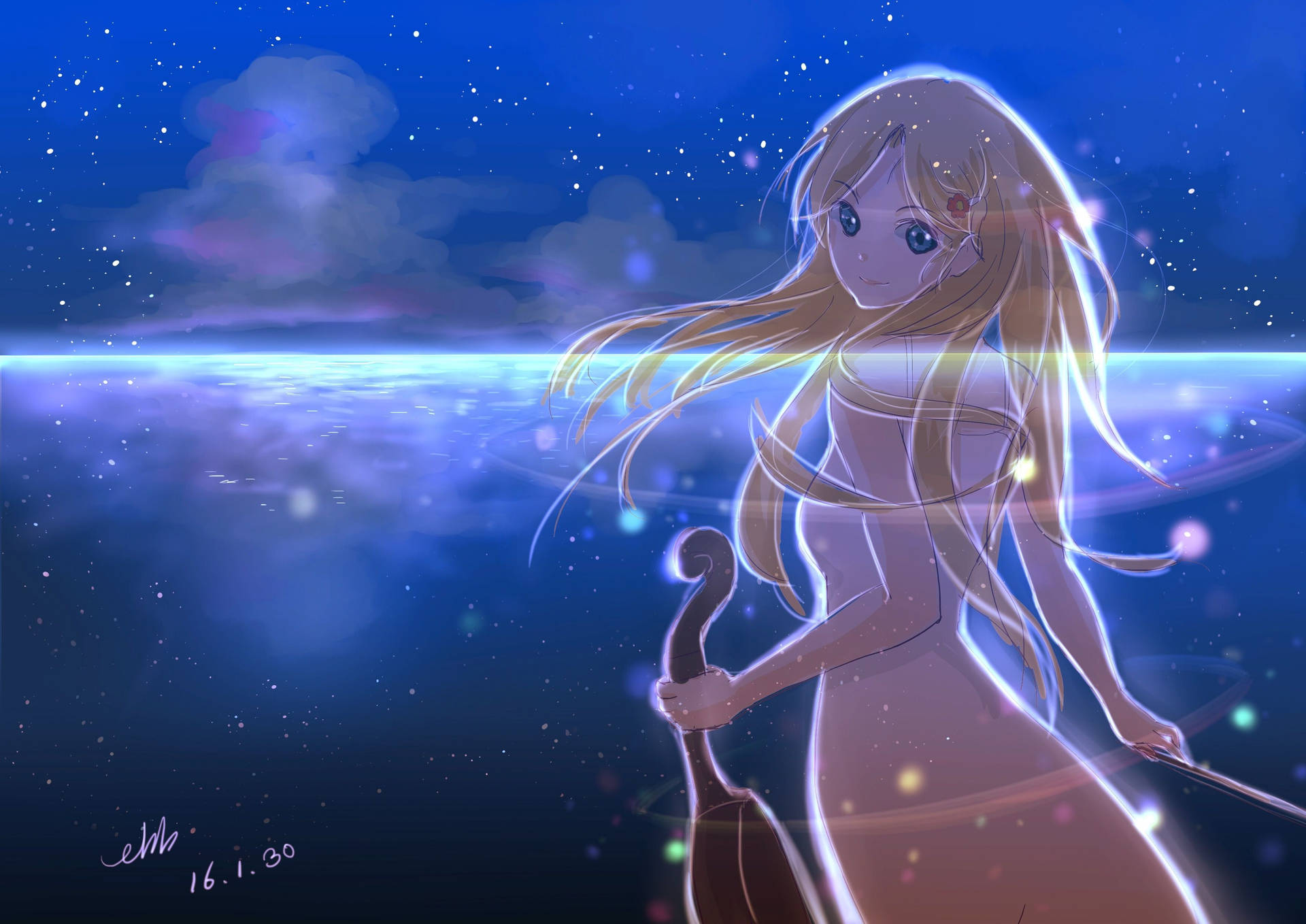 動漫女孩在星空下拿著小提琴
