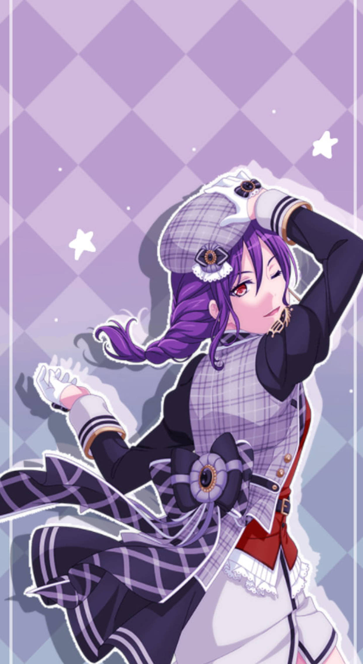 紫色柔霧風 Kaoru Seta 壁紙 — 一位紫髮動漫女孩穿著格紋服裝，在滿天星的紫色鑽石背景前擺出俏皮的姿勢。