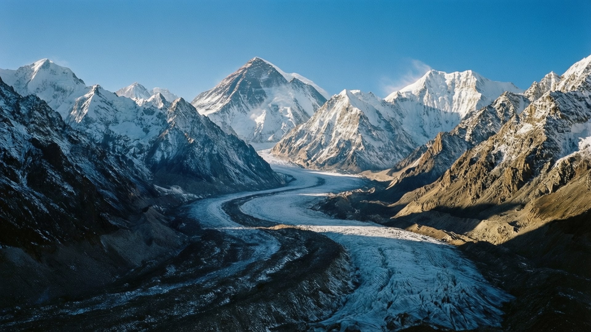 Karakoram Snow Peaks 壁紙 — 一條蜿蜒的冰川在晴朗的藍天下，穿過崎嶇的山谷，兩旁是高聳的雪山峰頂。