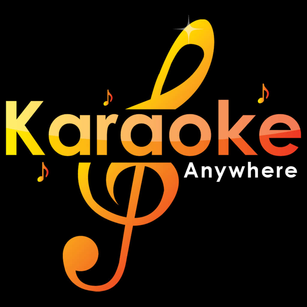 Karaoke Anywhere 標誌背景 壁紙 — 黑色背景上帶有音符的大膽漸變卡拉OK標誌。