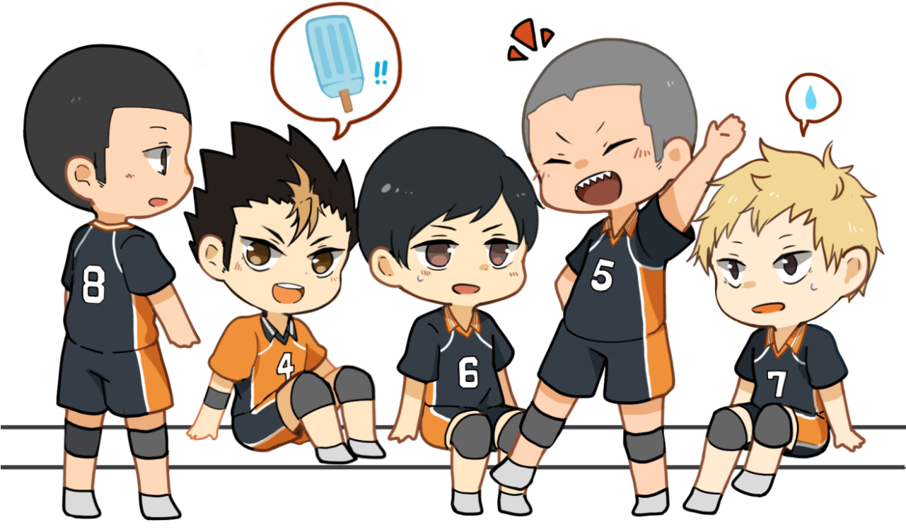 排球少年 Karasuno 隊伍 Q 版表情 壁紙 — 五個Q版動漫排球運動員穿著黑色和橙色制服，在白色長椅上展現各種表情。