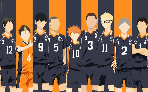 穿著隊服的動漫排球運動員排成一排。