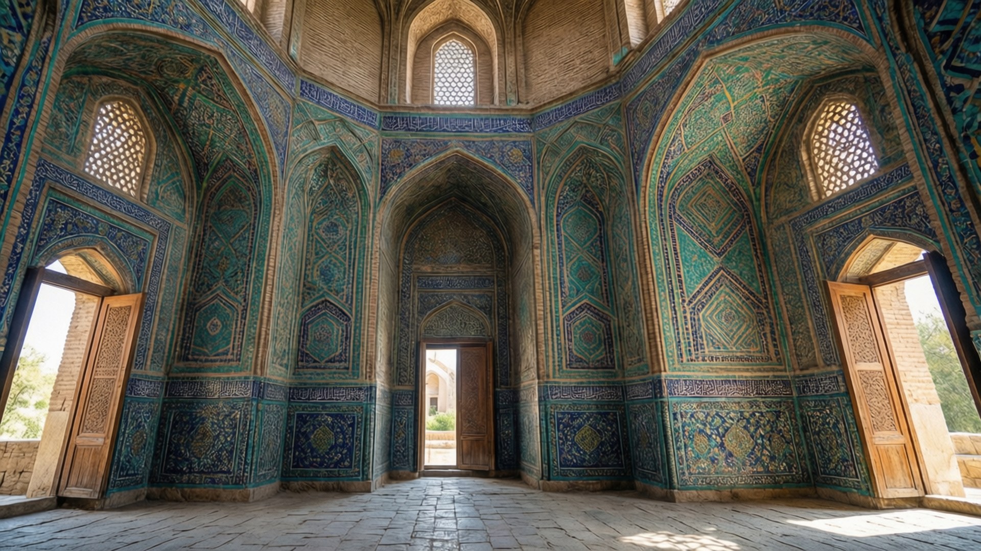 Karatay Madrasa Tiles 壁紙 — 陽光透過拱形窗戶照射進來，照亮了宏偉伊斯蘭建築內部複雜的綠松石和金色瓷磚工藝。