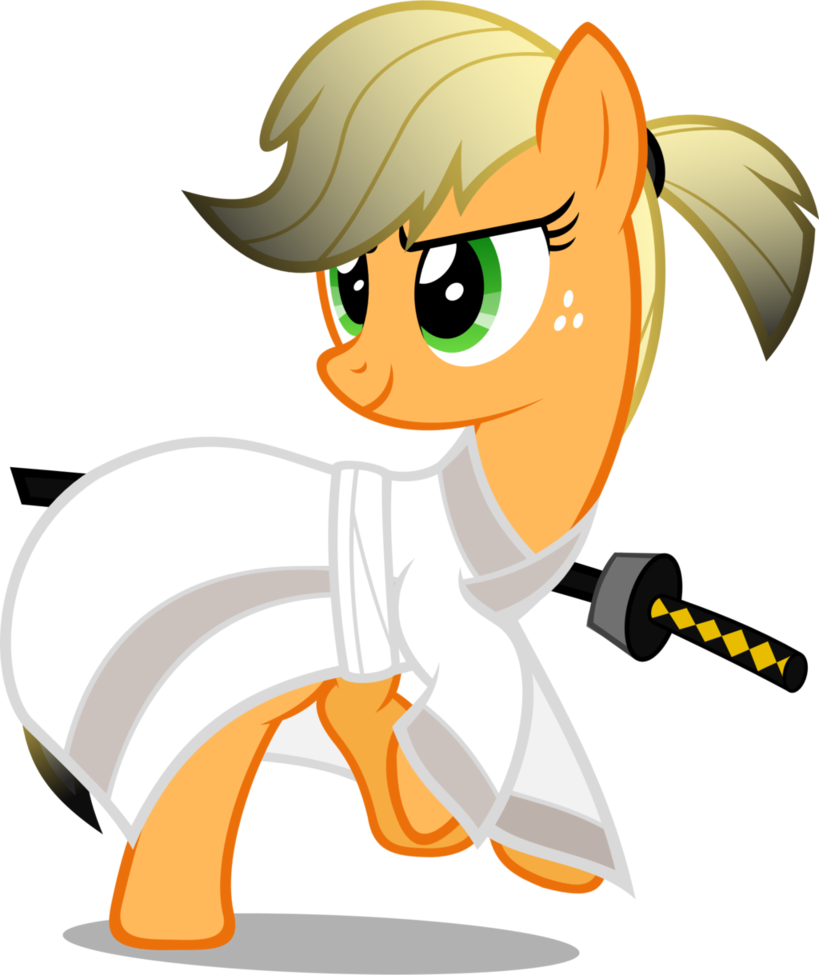 Karate Pony準備出擊 壁紙 — 一隻橙色卡通小馬，金髮綠眼，身穿白色長袍，手持一把黑色劍，劍柄有黃色格子圖案。