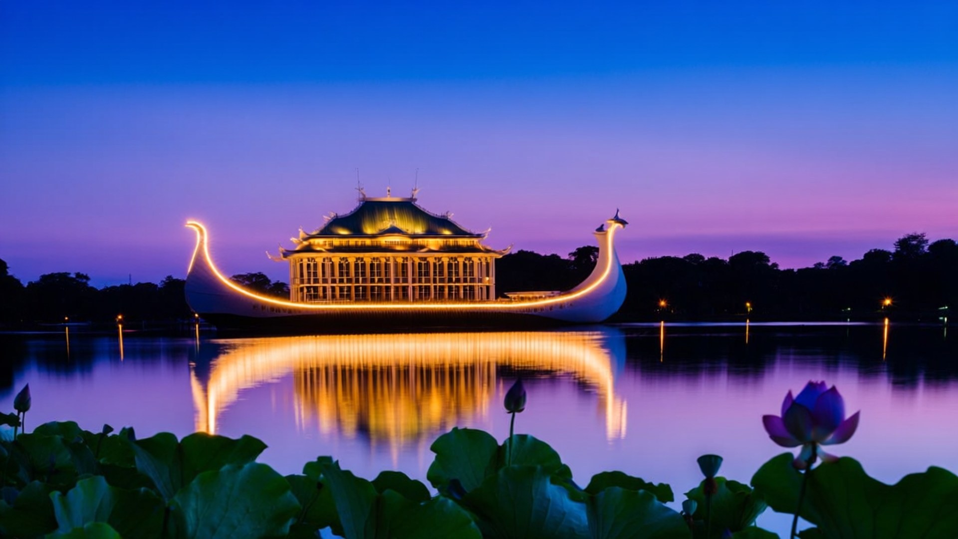黃昏時漂浮在水面上的發光船形建築，前景有蓮花
