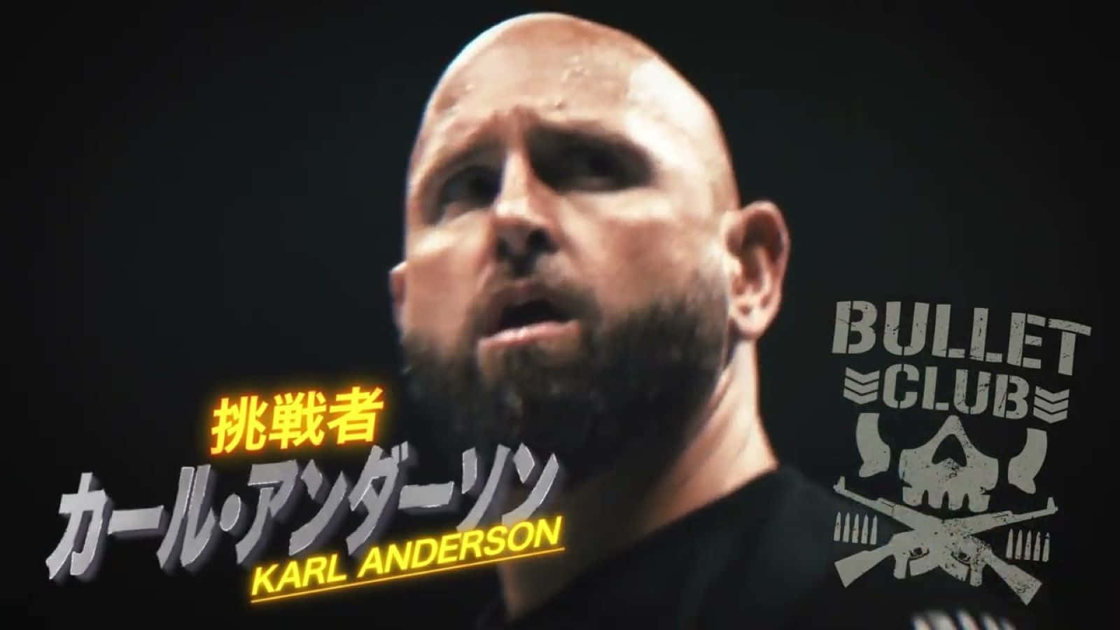 Karl Anderson 在 Bullet Club 壁紙 — 摔角手 Karl Anderson 的特寫，表情強烈，背景為深色，帶有 Bullet Club 標誌和日文文字。