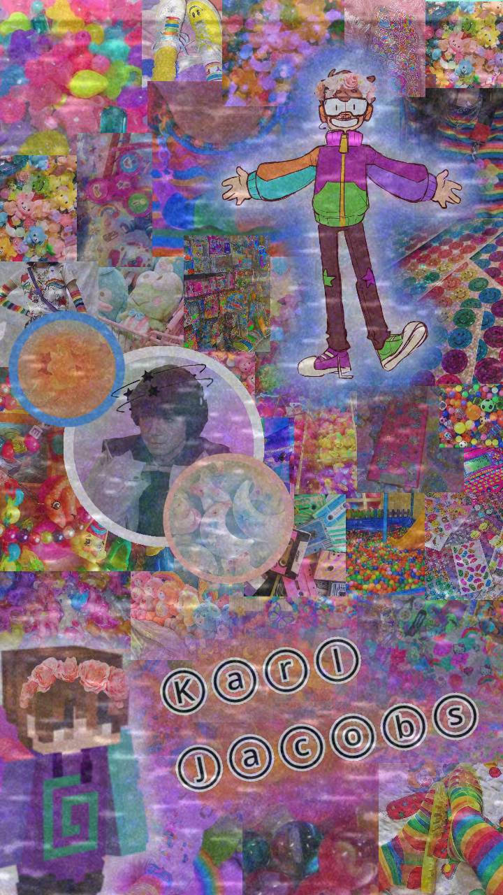 一個卡通角色漂浮在流行文化和故障藝術的彩色數碼拼貼畫中。