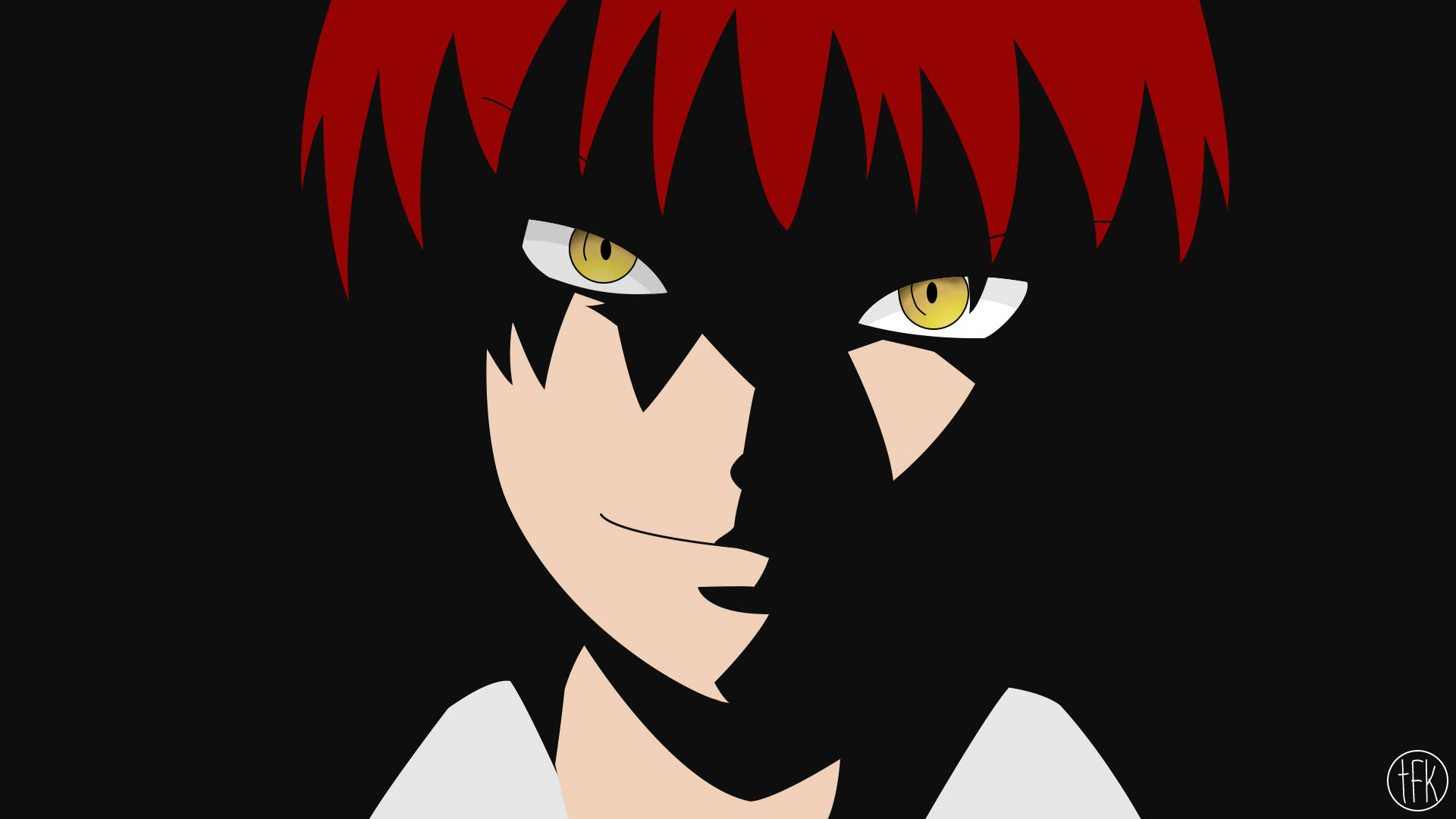 Karma Akabane 鬼魅神情 壁紙 — 一個風格化的動漫角色，擁有尖刺的紅髮和強烈的黃色眼睛，在黑色背景前凝視前方。