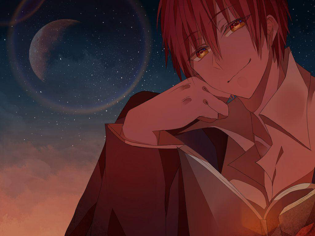 Karma Akabane 夜空下閱讀 壁紙 — 一個紅髮金眼的動漫男孩在滿天星斗的夜空下，對著新月溫柔微笑。