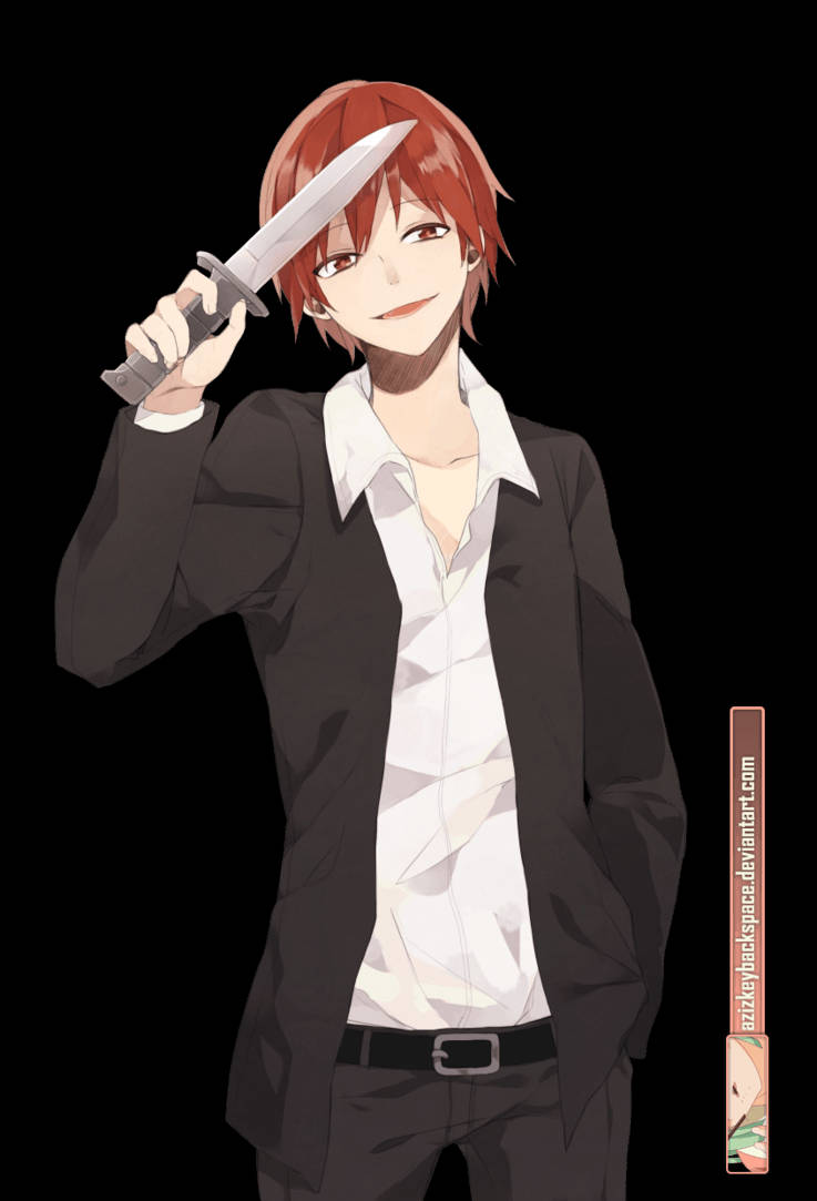 Karma Akabane 持刀藝術圖 壁紙 — 一個紅髮動漫男孩穿著黑色西裝，在純黑背景上自信地微笑著拿著刀。