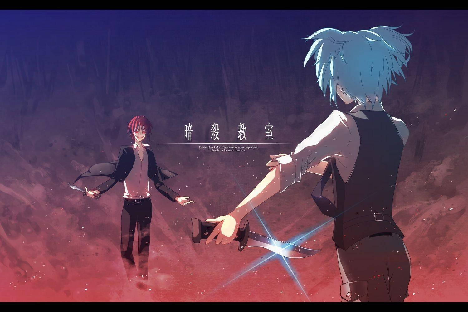 Karma Akabane 與 Nagisa Shiota 對戰 壁紙 — 兩個動漫角色在戲劇性的紅紫色虛空中對峙，一個手持發光刀刃，另一個微笑著手持雙刀。