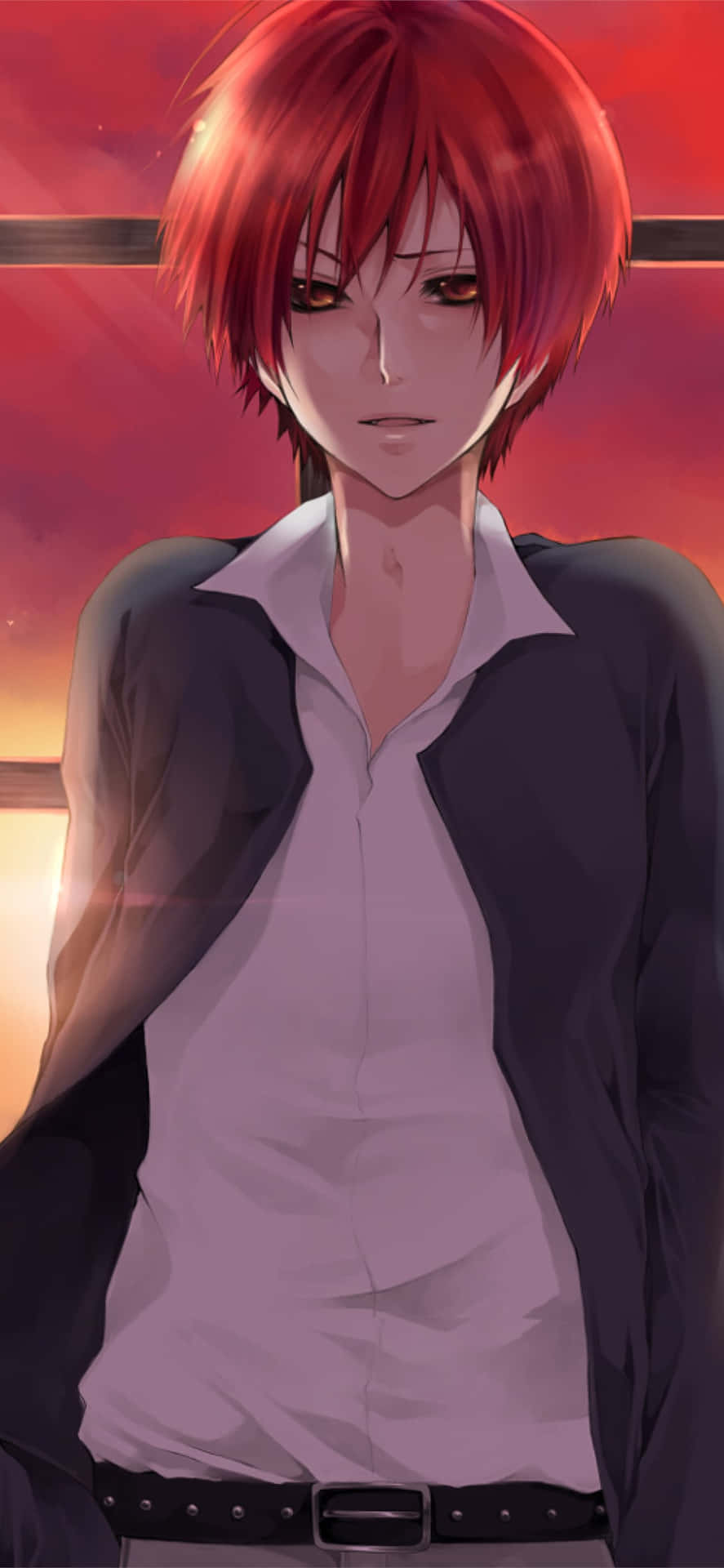 動漫男性，紅髮，身穿白襯衫和黑色外套，在夕陽下。