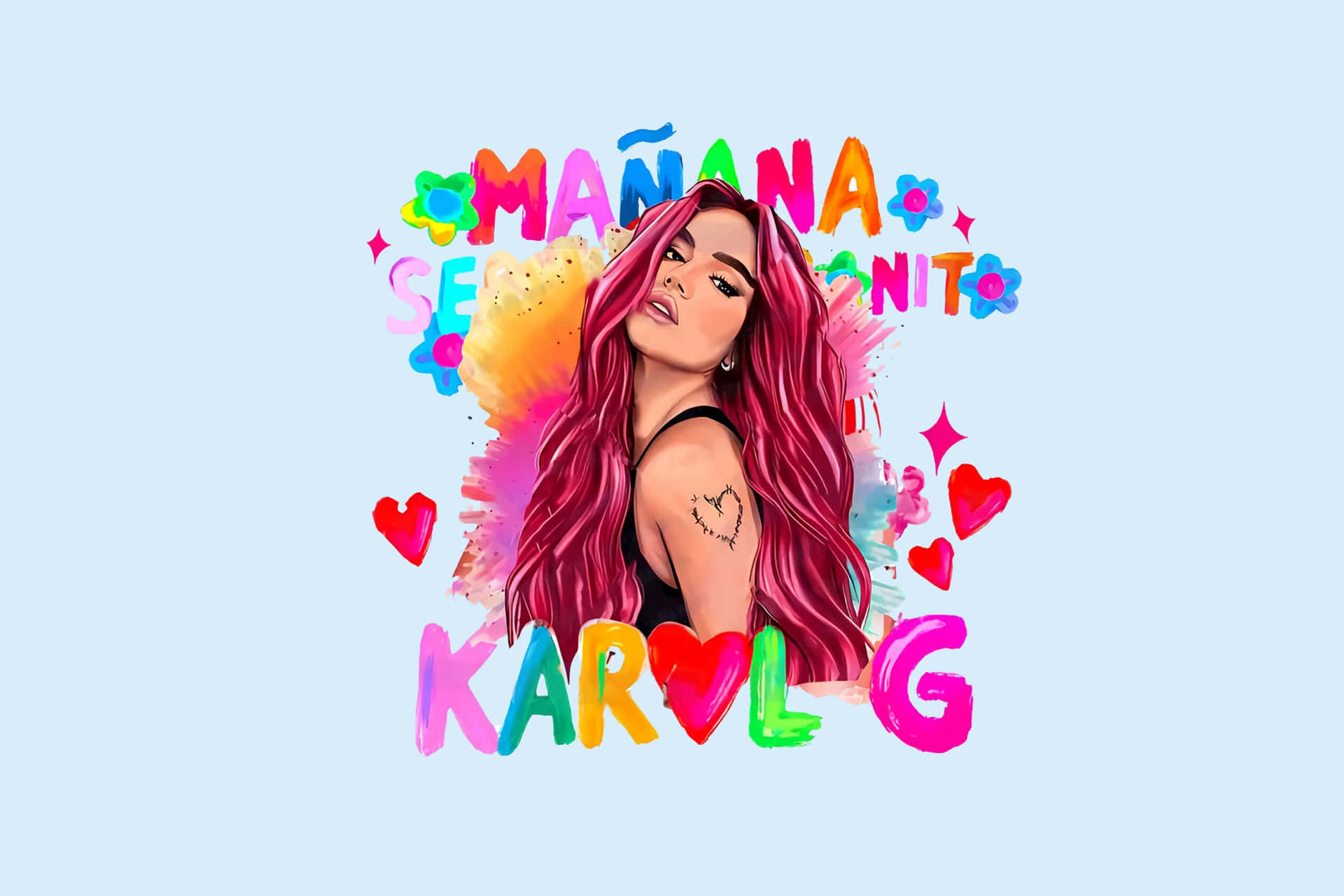 Karol G《Mañana Será Bonito》插畫肖像 壁紙 — 一幅充滿活力的數位插圖，描繪了Karol G，她擁有粉紅色頭髮，周圍環繞著色彩繽紛的文字，背景為淺藍色。