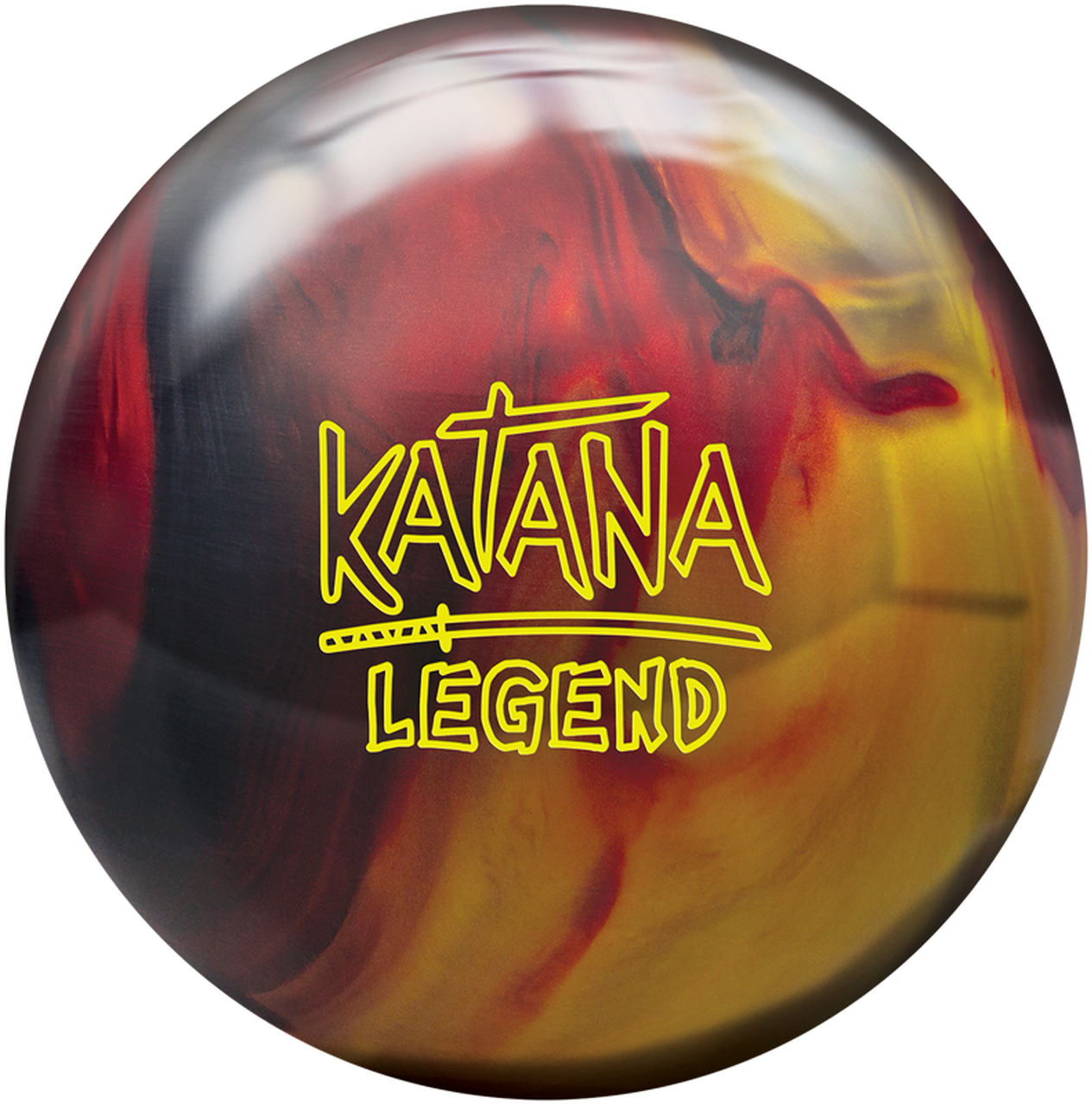 多彩「KATANA LEGEND」保齡球 壁紙 — 一個光澤的保齡球，帶有火紅、黃色和黑色的漩渦，並有粗體黃色 'Katana Legend' 文字和劍圖案。