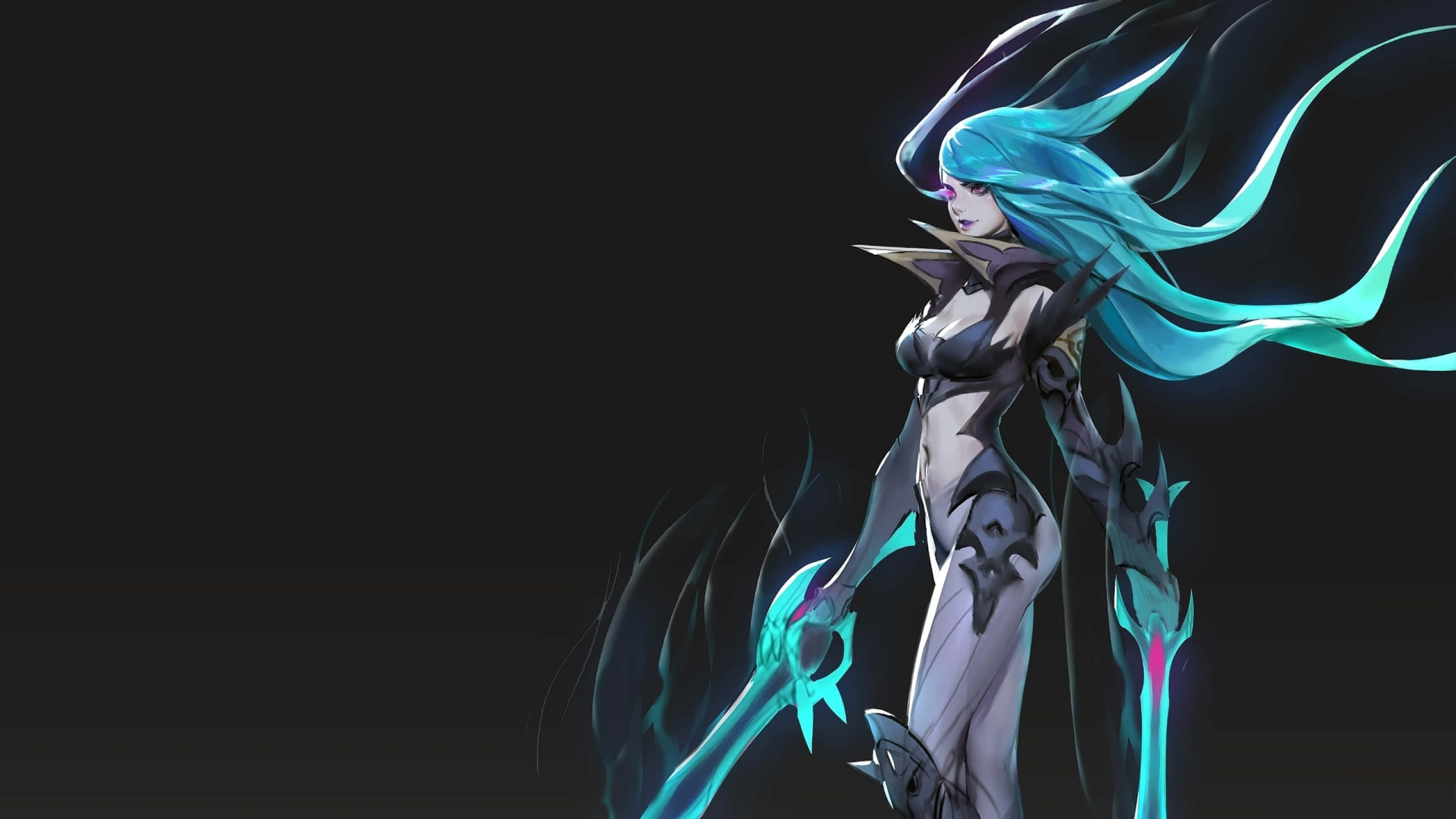 《英雄聯盟》Katarina 死誓皮膚2440x1440背景 壁紙 — 一個發光藍髮的動漫戰士，手持空靈武器，站在黑暗虛空背景前，蓄勢待發。