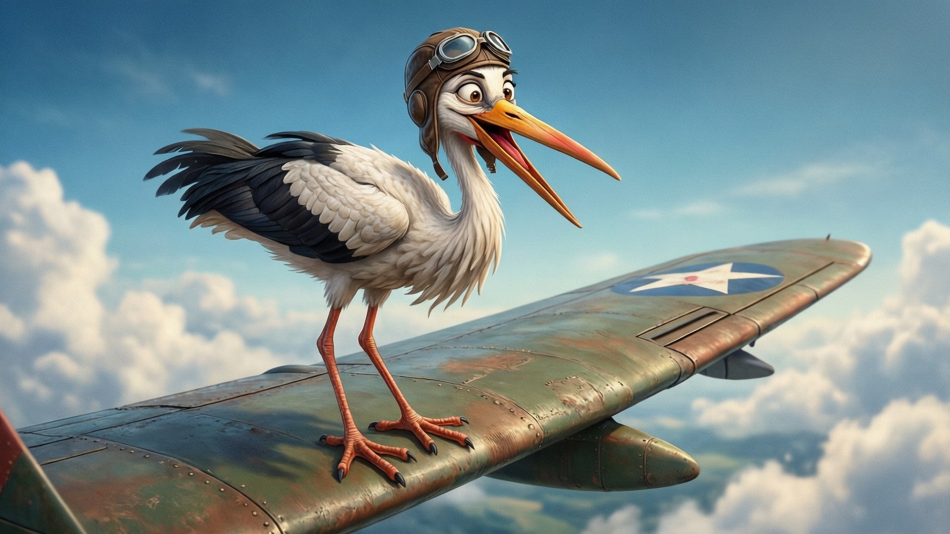 Pilot Stork Adventure 壁紙 — 一隻穿著飛行員裝備的卡通鸛鳥自信地站在復古軍用飛機的機翼上，背景是晴朗的藍天和蓬鬆的白雲。
