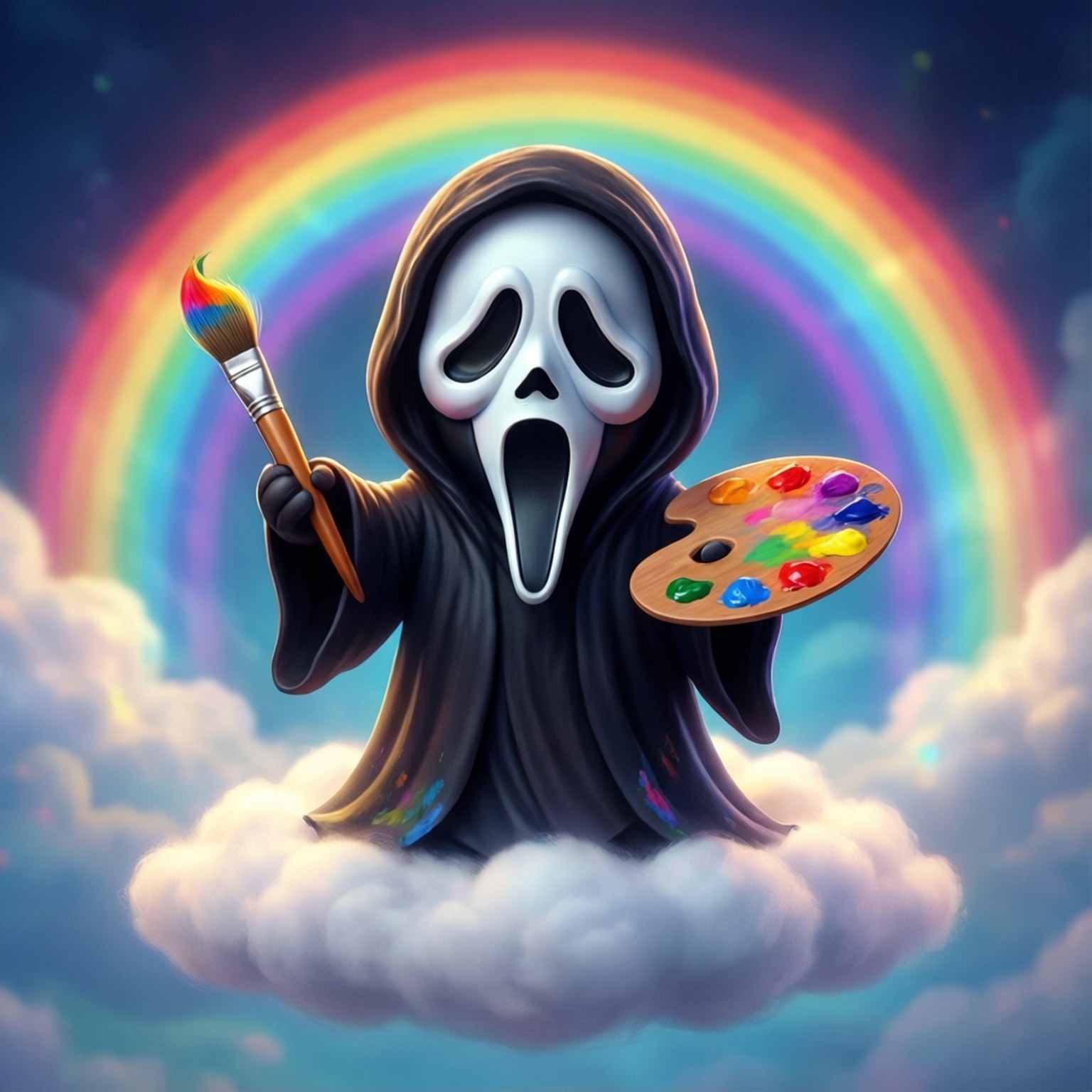 藝術家 Ghostface 壁紙 — 一個卡通幽靈拿著畫筆和調色板，漂浮在雲端上，下方是充滿活力的彩虹，天空充滿奇思妙想。