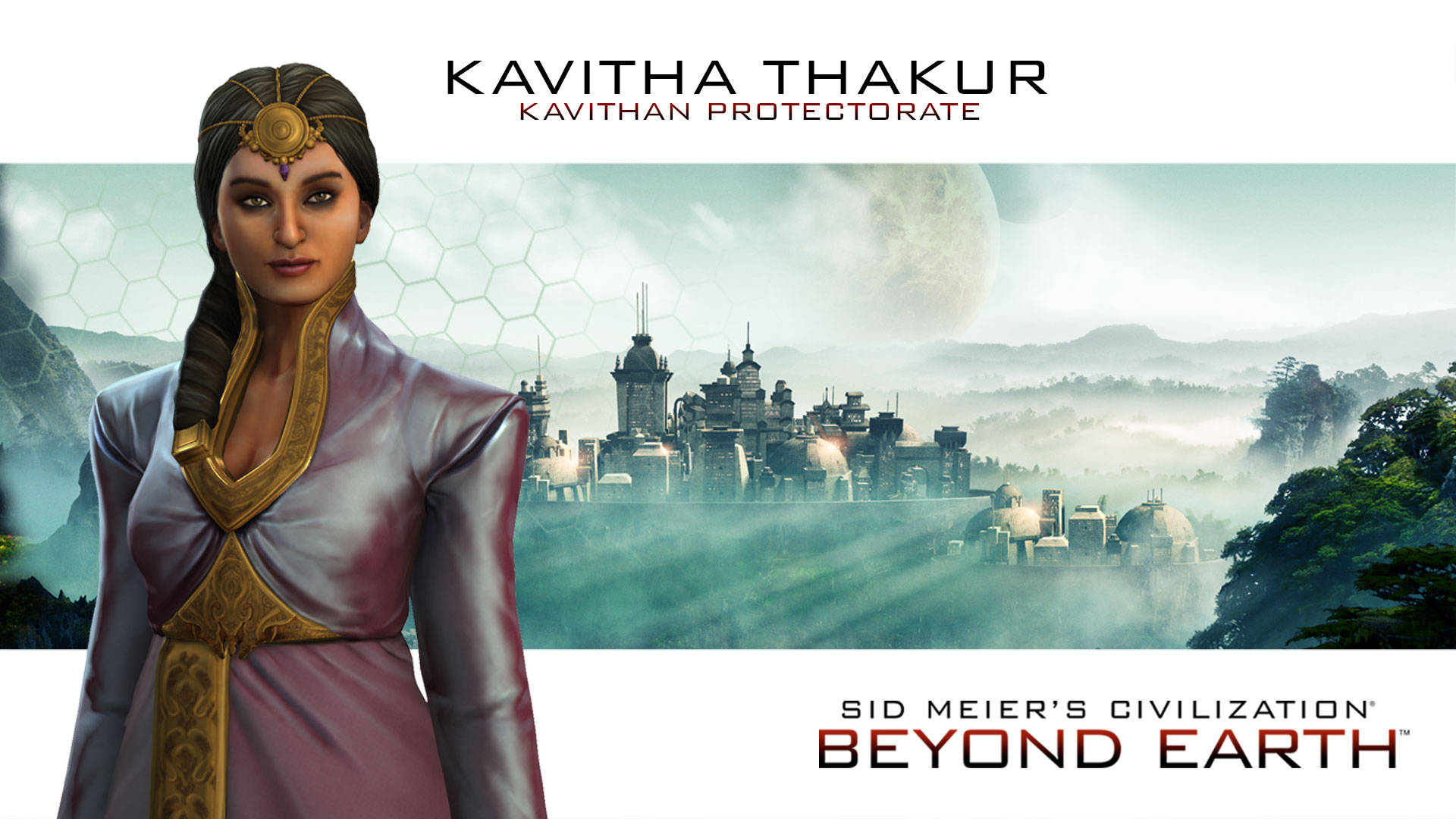 Kavitha Thakur 文明：地球之外 壁紙 — 一位高貴的外星女子穿著華麗的紫色和金色長袍，站在一個霧氣瀰漫的未來城市前，背景是一輪巨大的月亮。