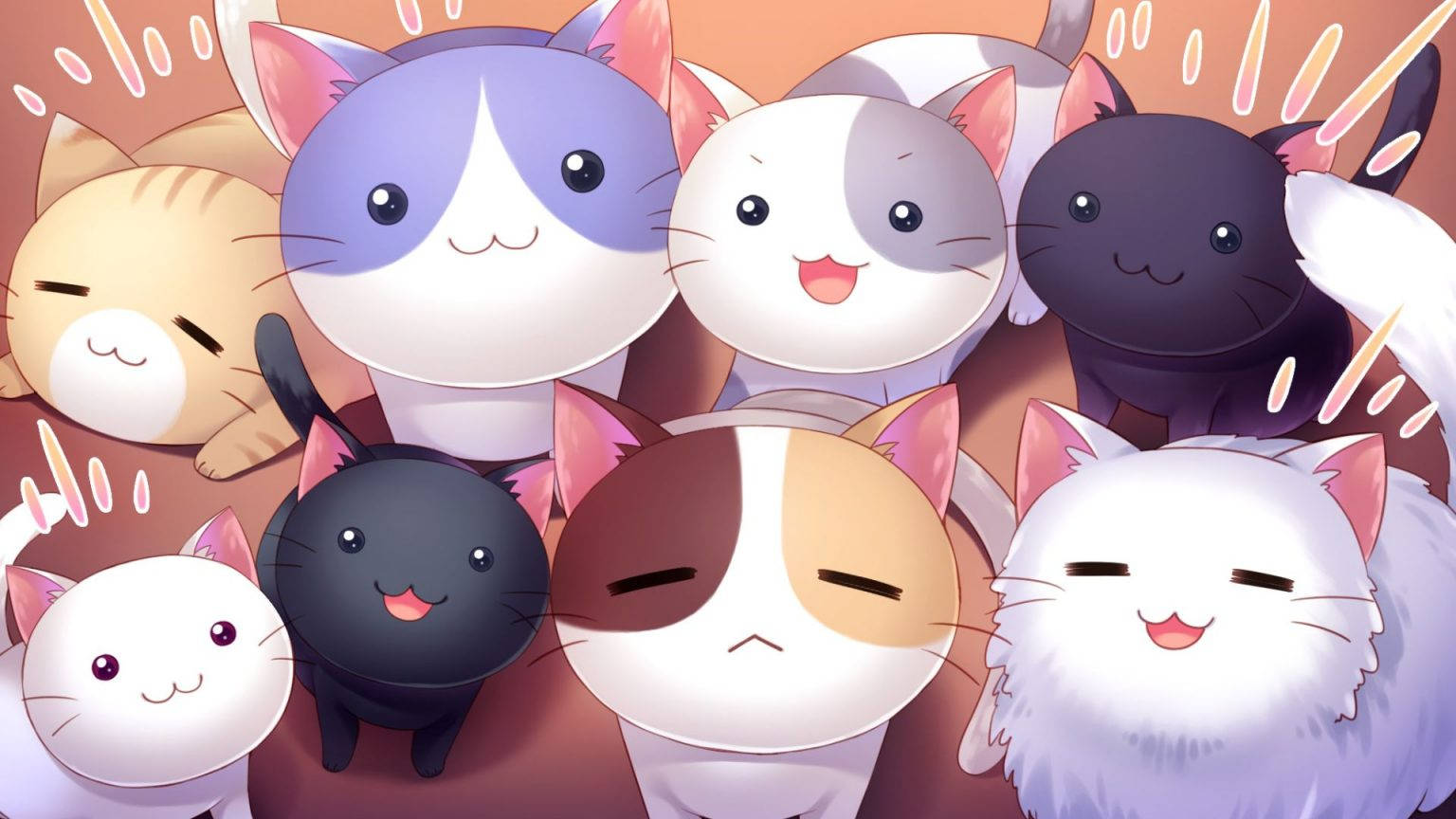 Kawaii HD 微笑貓咪 壁紙 — 一群風格化的動漫貓咪，毛色各異，表情愉快，緊密地聚集在一起。
