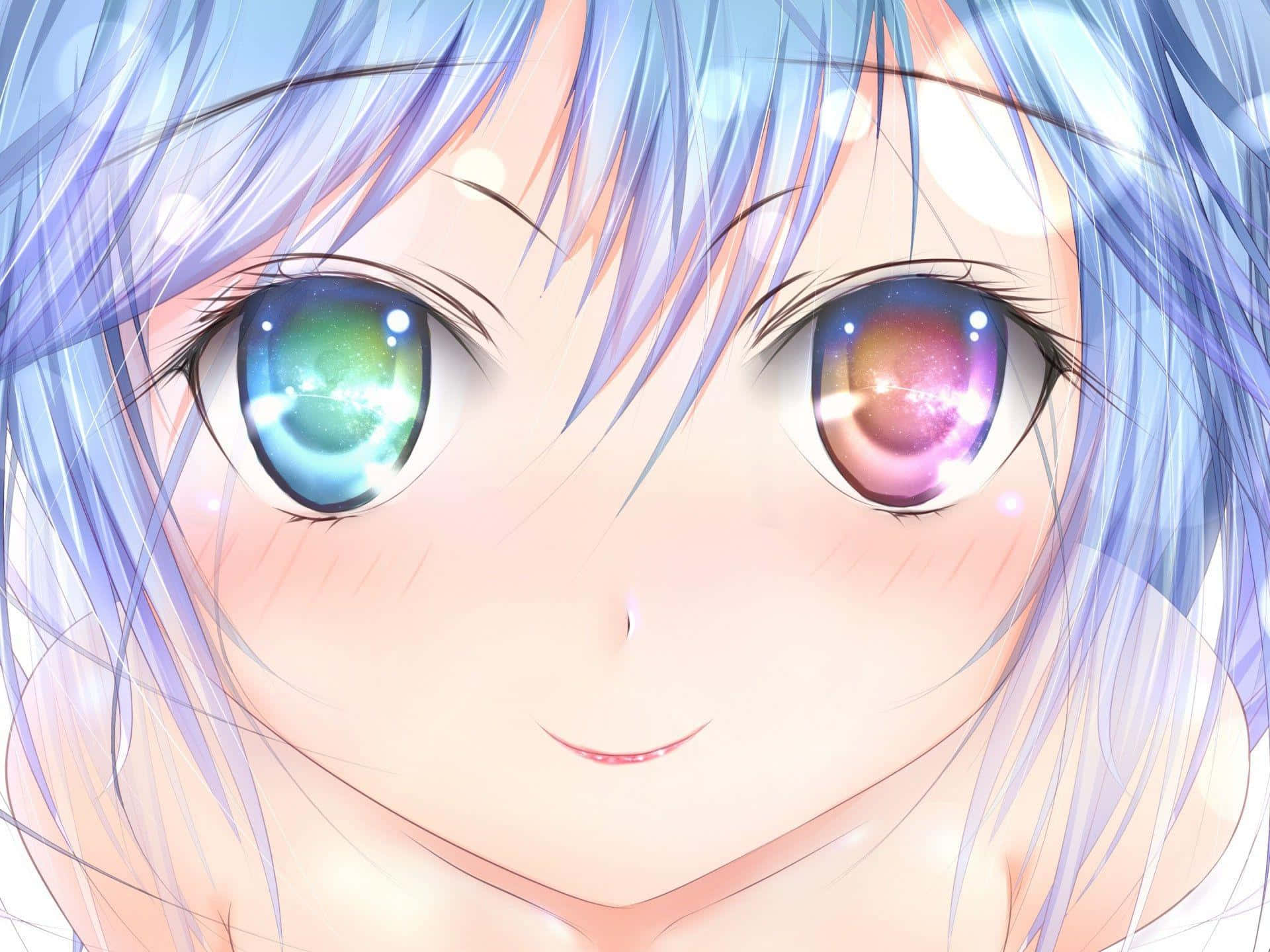 可愛Kawaii動漫少女 壁紙 — 藍髮銀河眼動漫少女的近距離特寫，溫柔微笑。