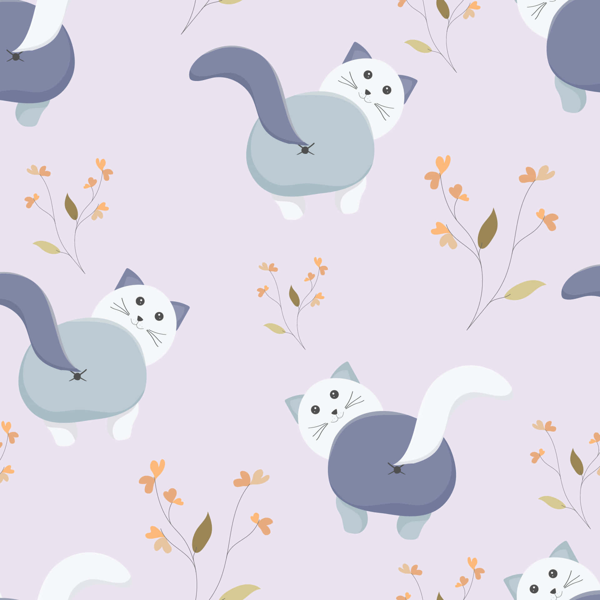用 Kawaii Pastel 筆電，提升你的時尚品味 壁紙 — 可愛的卡通貓咪，灰色尾巴和白色臉龐，在淺紫色背景上與橙色花朵一起探頭。