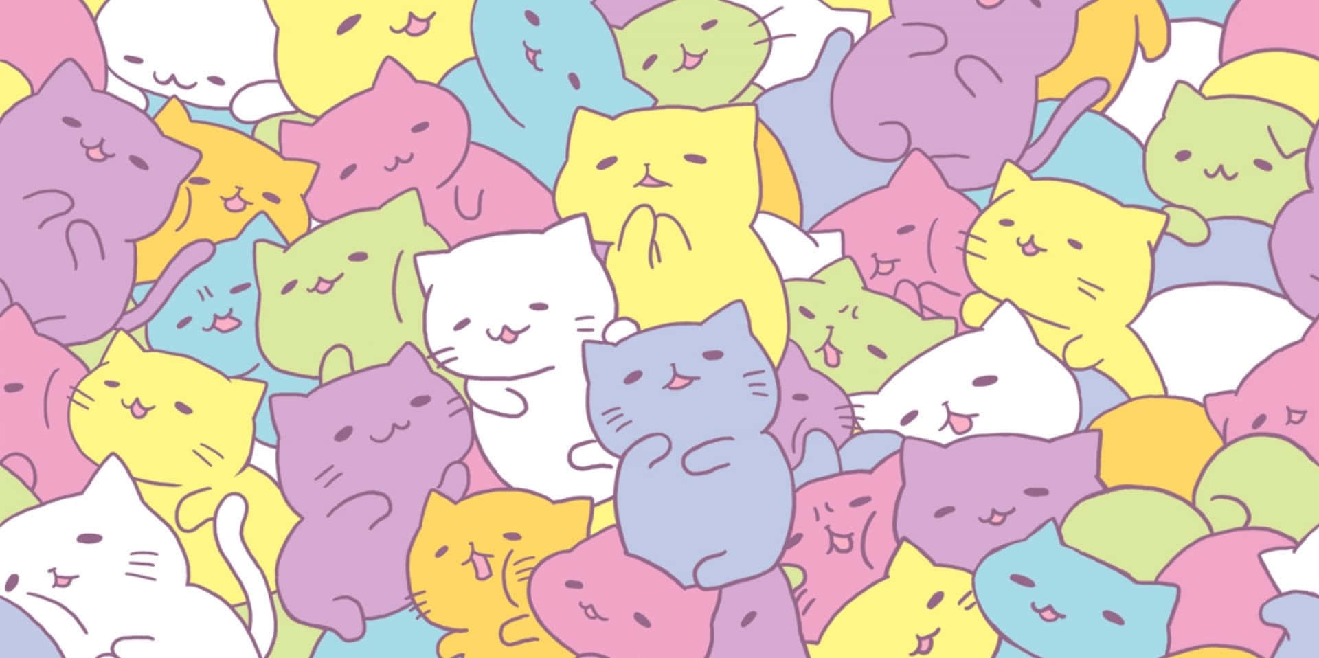 用這款 Kawaii Pastel 筆電，探索世界與創意 壁紙 — 一群色彩柔和、表情簡單快樂的卡通貓咪，以俏皮的圖案填滿畫面。