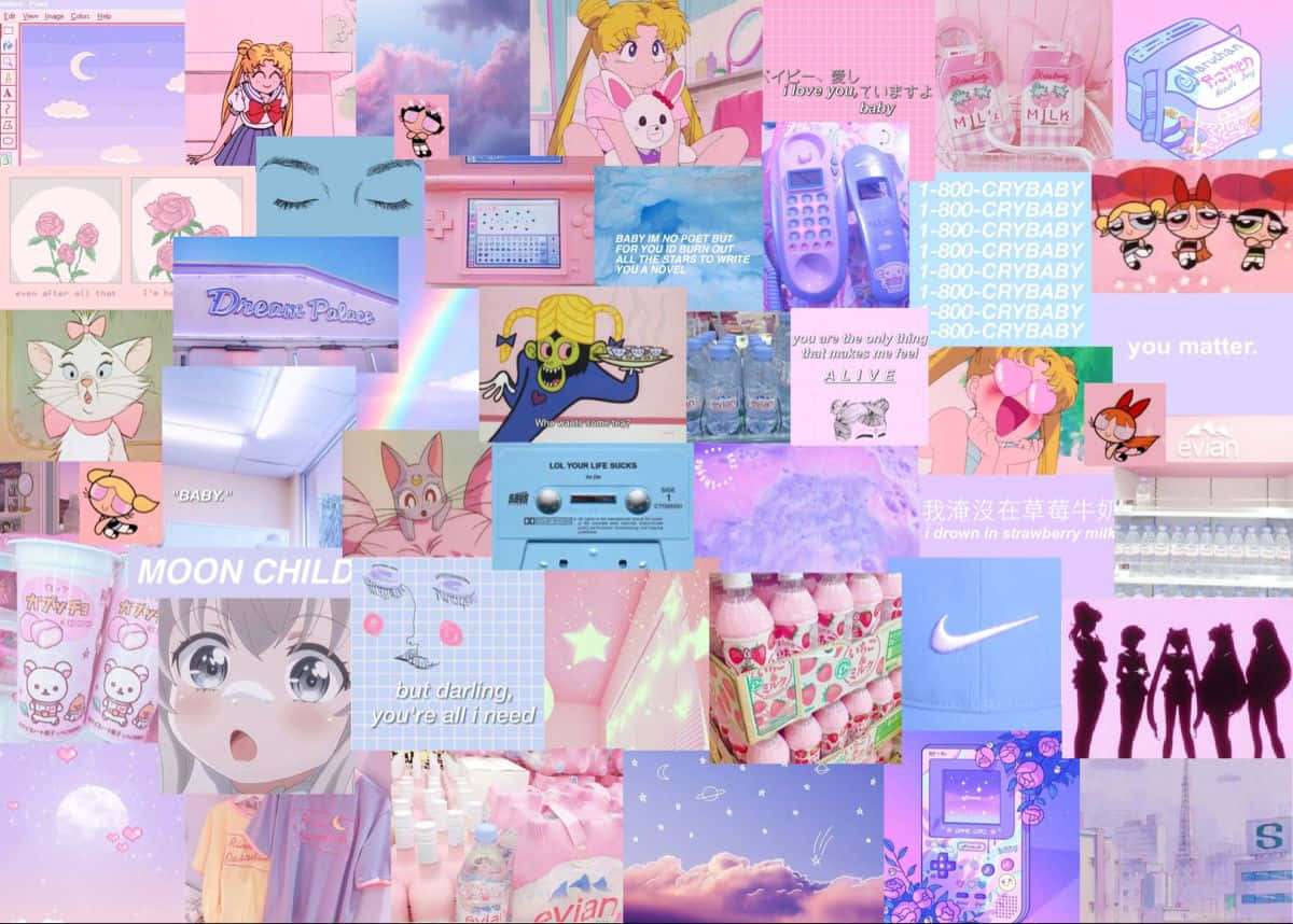 用 Kawaii Pastel 風筆電激發創意 壁紙 — 一個充滿活力的粉紅色和紫色拼貼畫，包含動漫角色、懷舊物品和勵志名言，以夢幻美學排列。