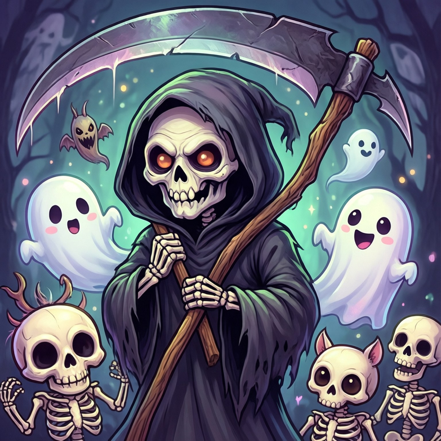 發光眼睛的死神手持鐮刀，被鬼魂和小骷髏包圍在森林中