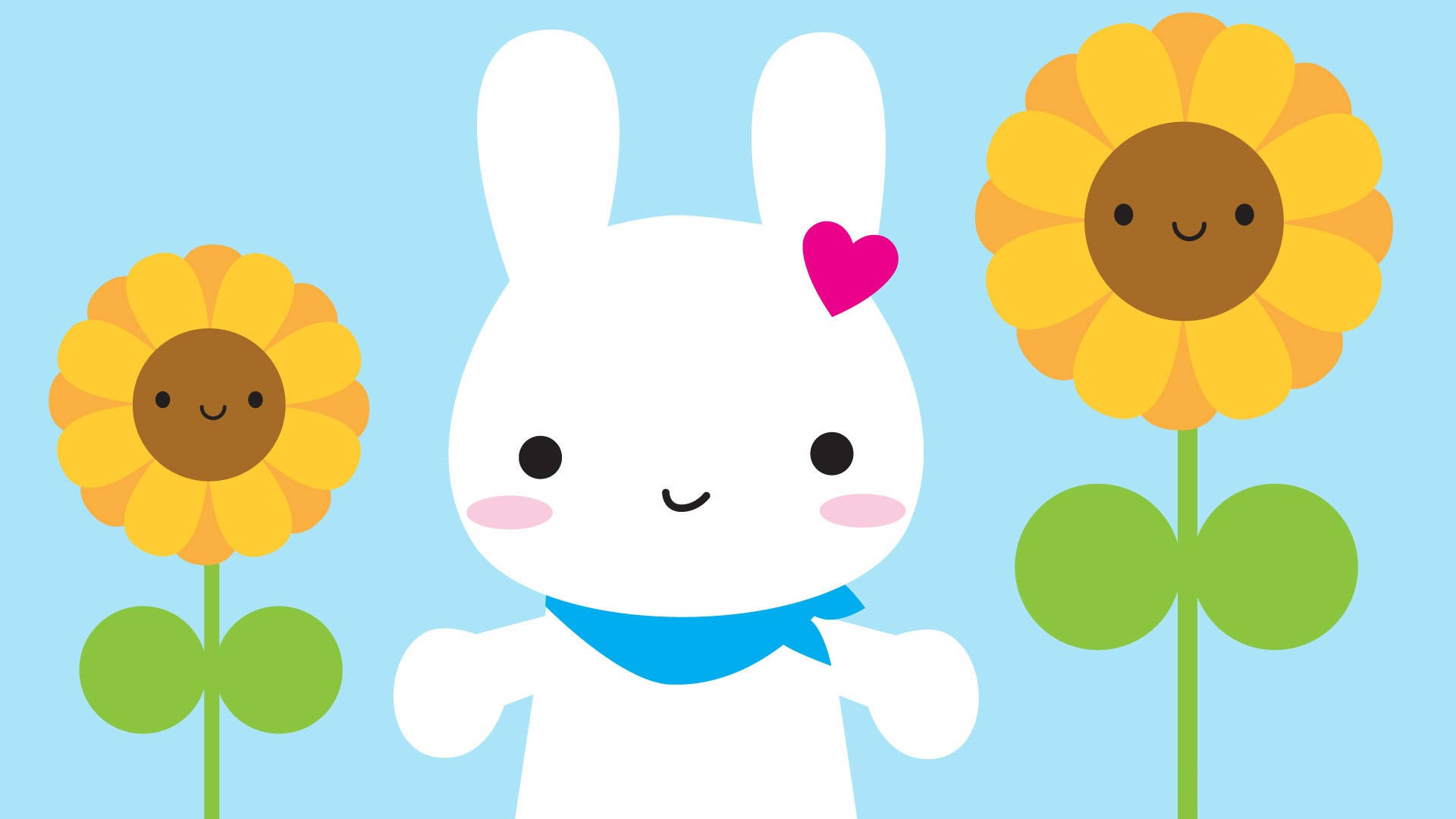 Kawaii 白色兔兔筆電壁紙 壁紙 — 一隻可愛的白兔，頭上有一個粉紅色的心形，站在兩朵微笑的向日葵之間，背景是淺藍色。