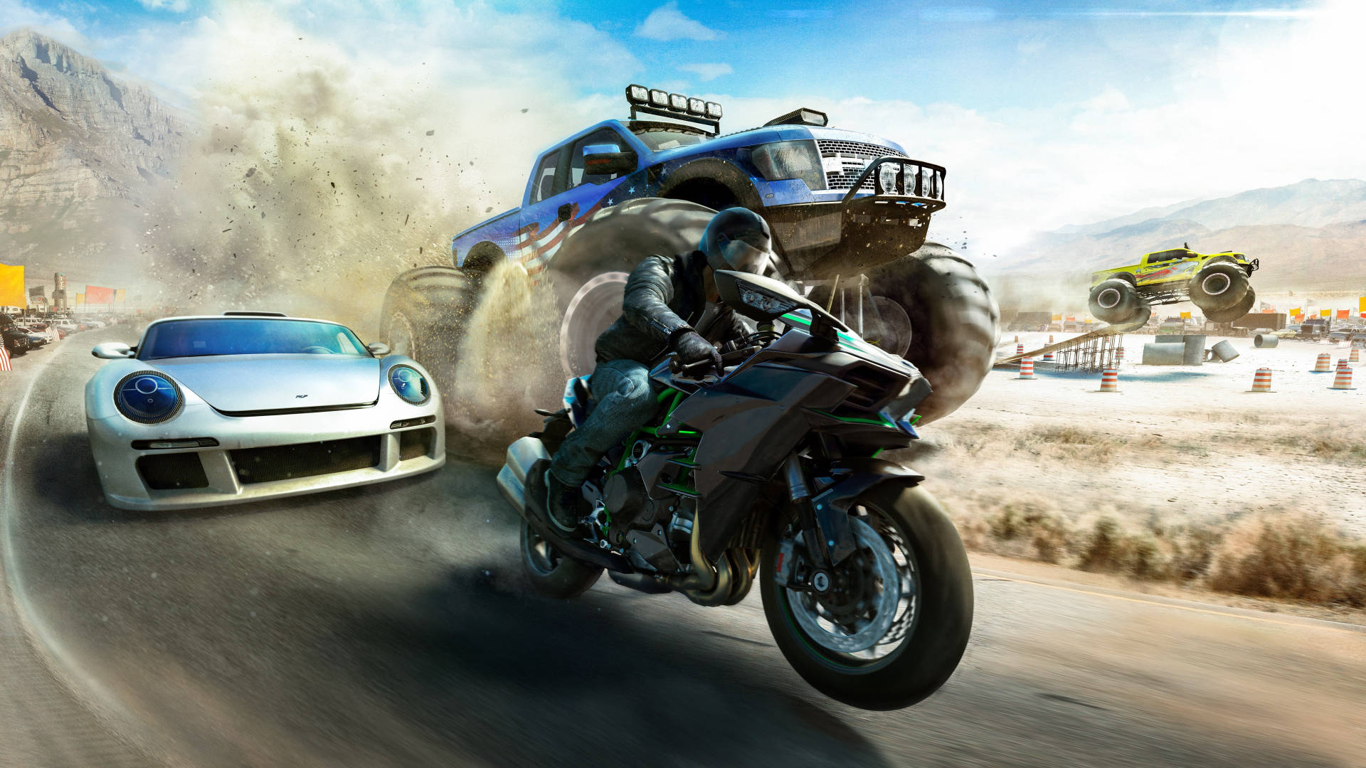Kawasaki H2r 與賽車競速 壁紙 — 一輛銀色跑車、一輛黑色電單車和一輛藍色怪獸卡車在塵土飛揚的沙漠賽道上奔馳，背景是山脈。