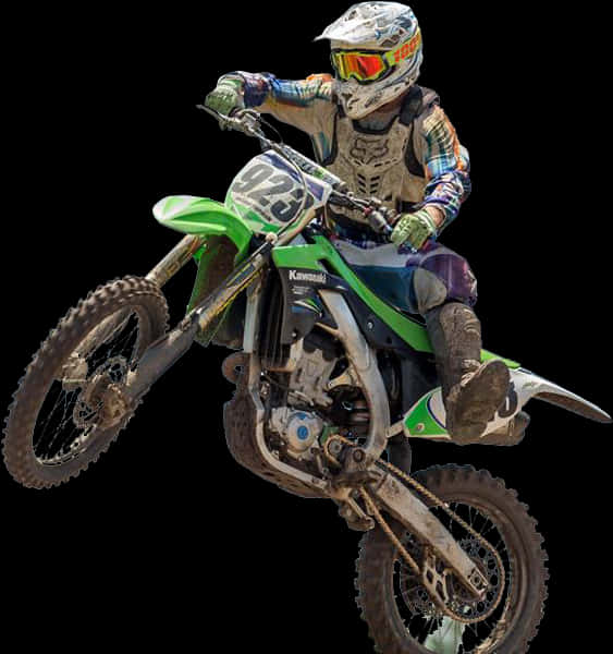 越野車手空中躍起Kawasaki923 壁紙 — 一名身穿全套裝備的越野電單車手在黑色背景前，駕駛綠色川崎越野電單車表演翹前輪。