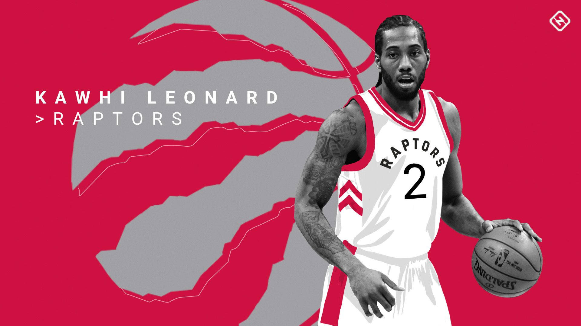 Teams 桌布 壁紙 — Kawhi Leonard 身穿多倫多速龍隊球衣，在鮮明的紅灰色球隊標誌背景下手持籃球。