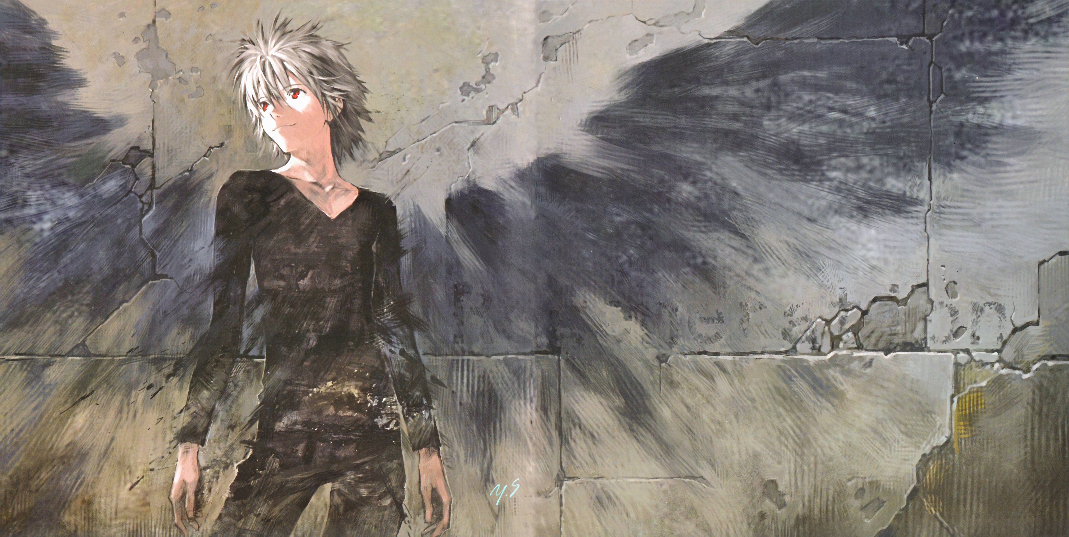 Kaworu Nagisa 天使翅膀藝術 壁紙 — 一個銀髮動漫角色站在一道裂開的混凝土牆前，周圍有戲劇性的深色筆觸在旋轉。