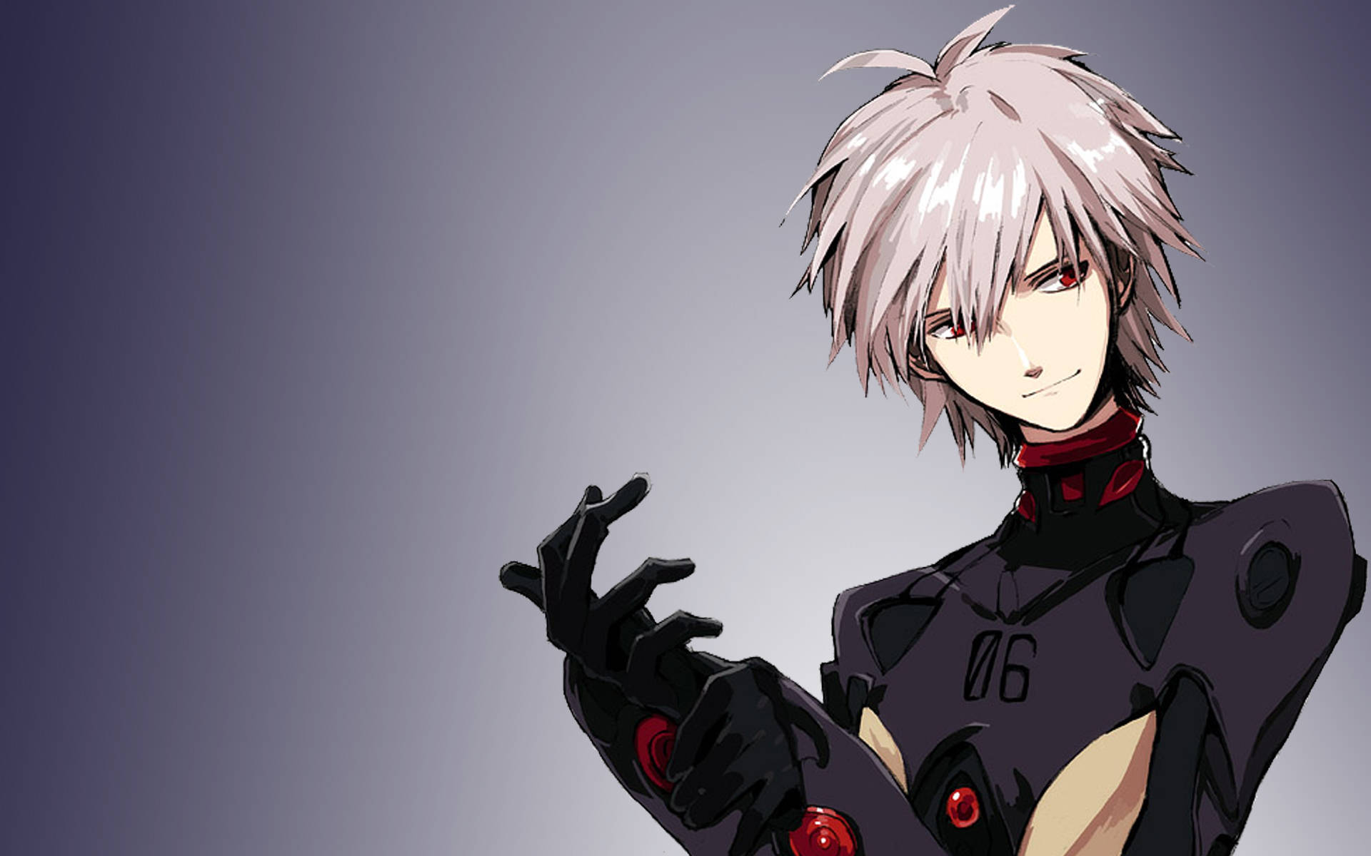 Kaworu Nagisa 穿著 Mark.06 插頭服 壁紙 — 一個銀髮動漫角色，身穿帶有紅色點綴的黑色西裝，眼睛發光，在灰色漸變背景前擺姿勢。