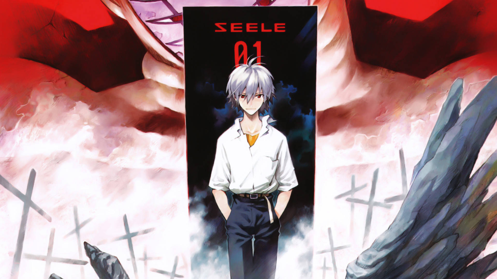 Kaworu Nagisa Seele 01 藝術 壁紙 — 一個銀髮動漫男孩站在一個標有 SEELE 01 的黑色框架中，周圍環繞著紅雲和破碎的十字架。