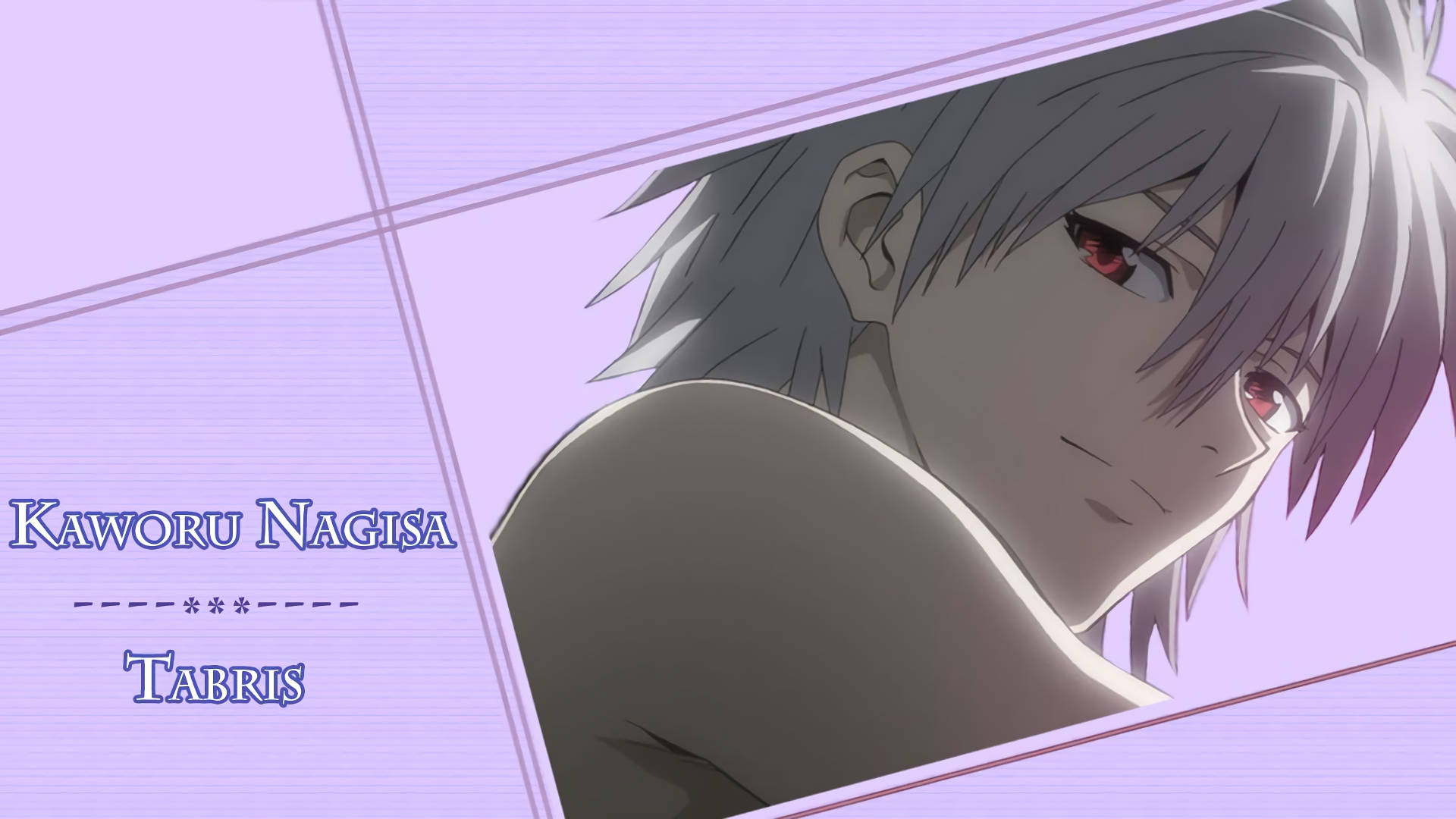 Kaworu Nagisa Tabris 淡紫色 壁紙 — 銀髮紅眼男性角色的動漫特寫肖像，側視著柔和的紫色幾何背景。