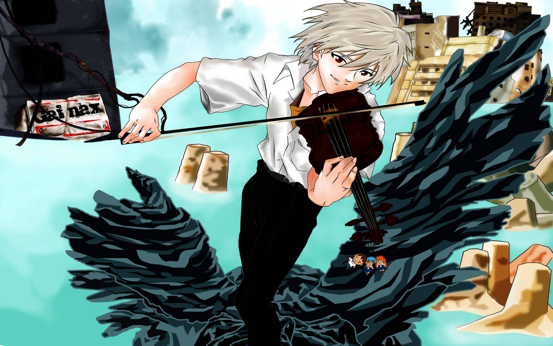 Kaworu Nagisa 拉小提琴 壁紙 — 白髮動漫男孩在廢墟上空漂浮，拉著小提琴，背後有黑色翅膀，附近有一個「Gai nax」盒子。