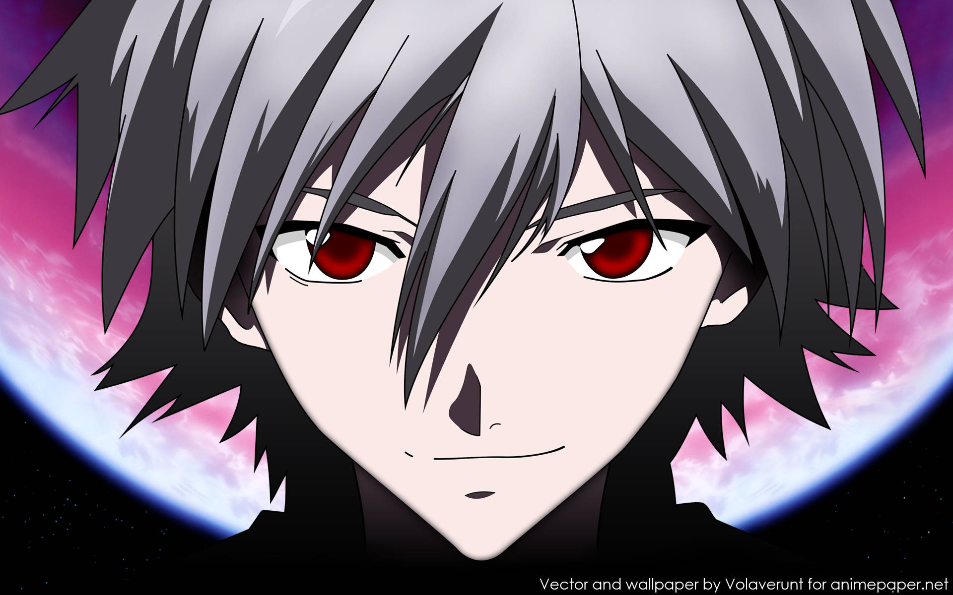 Kaworu Nagisa 特寫畫面 壁紙 — 動漫角色特寫，銀色頭髮和紅色眼睛，背景是宇宙粉紅色和藍色星球。