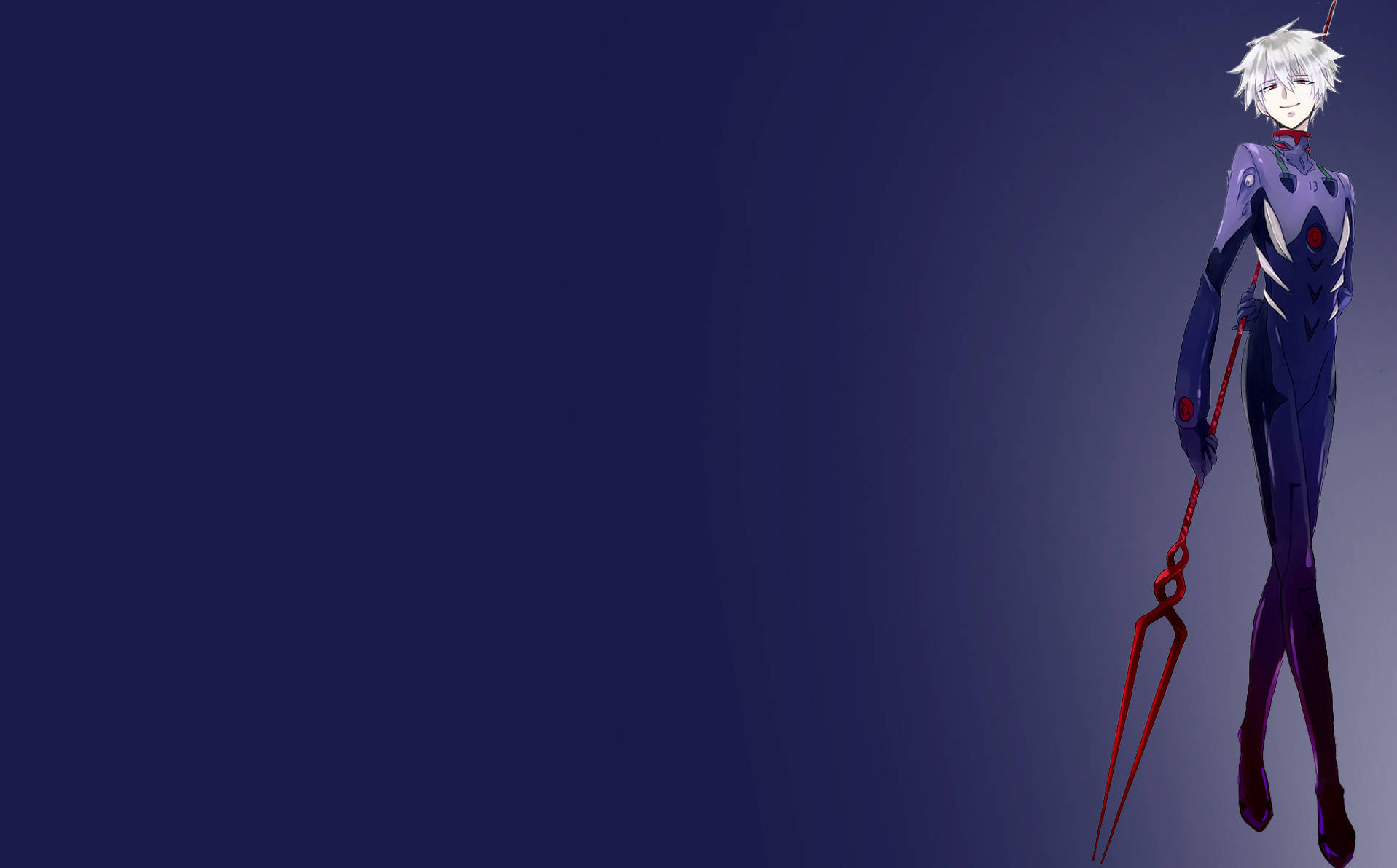 Kaworu Nagisa 穿著 Evangelion Unit-01 壁紙 — 一個孤獨的動漫角色，白髮紫衣，站在漸變深藍色背景前，手持紅色武器。